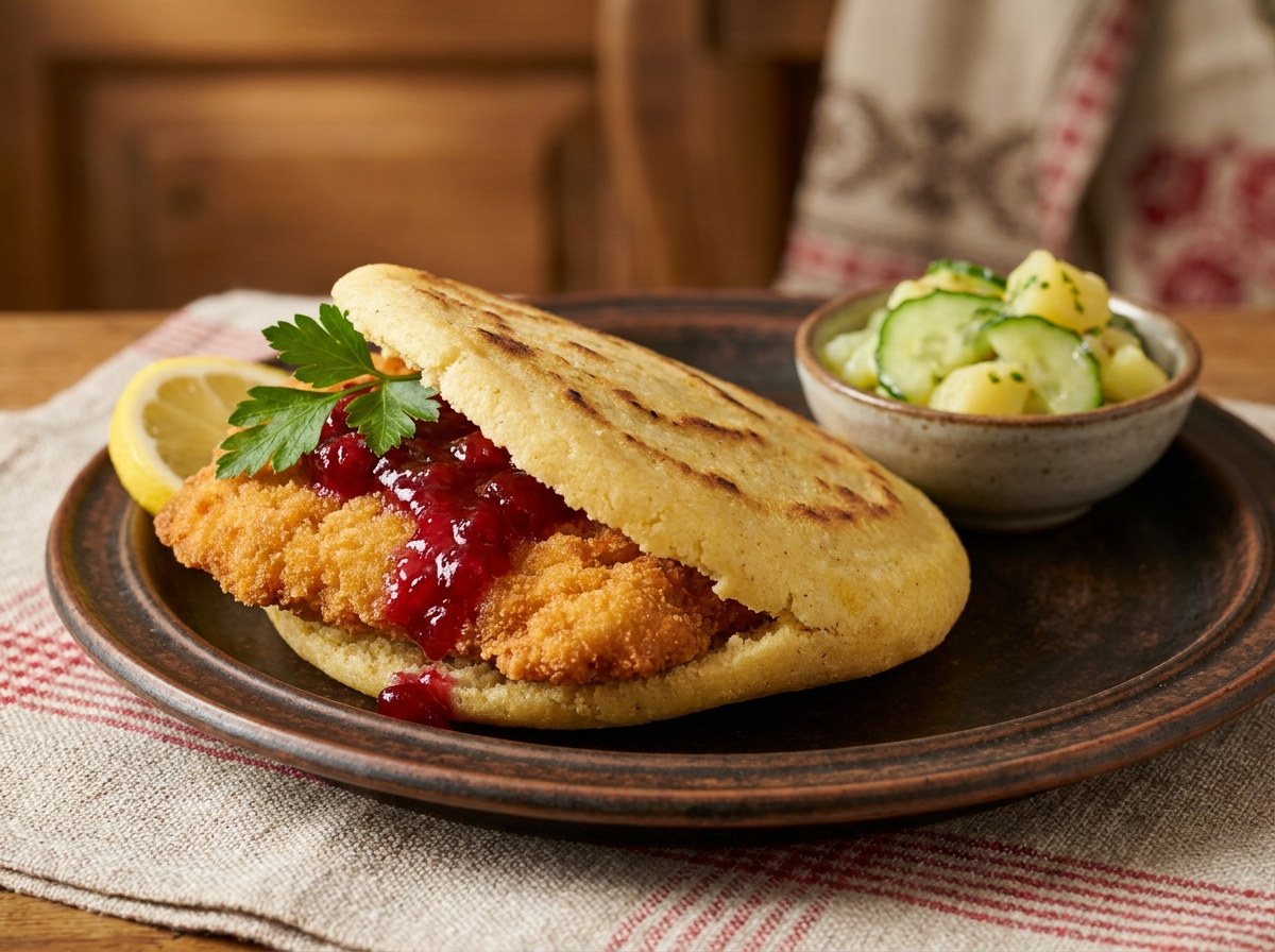 Arepa de Wiener Schnitzel con Salsa de Arándanos Rojos
