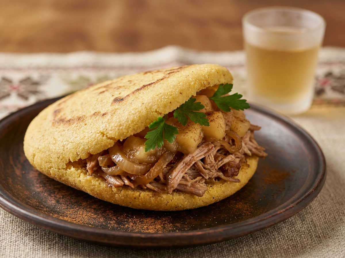 Arepa de Mostbraten: Cerdo Asado con Sidra y Manzana