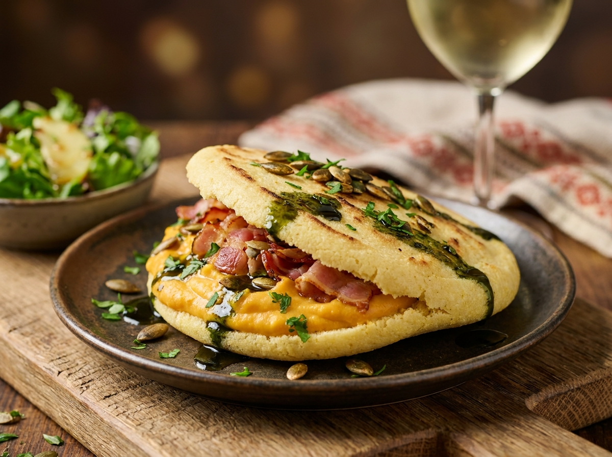 Arepa Estiria de Calabaza y Tocino (Inspirada en la Sopa de Calabaza de Estiria)