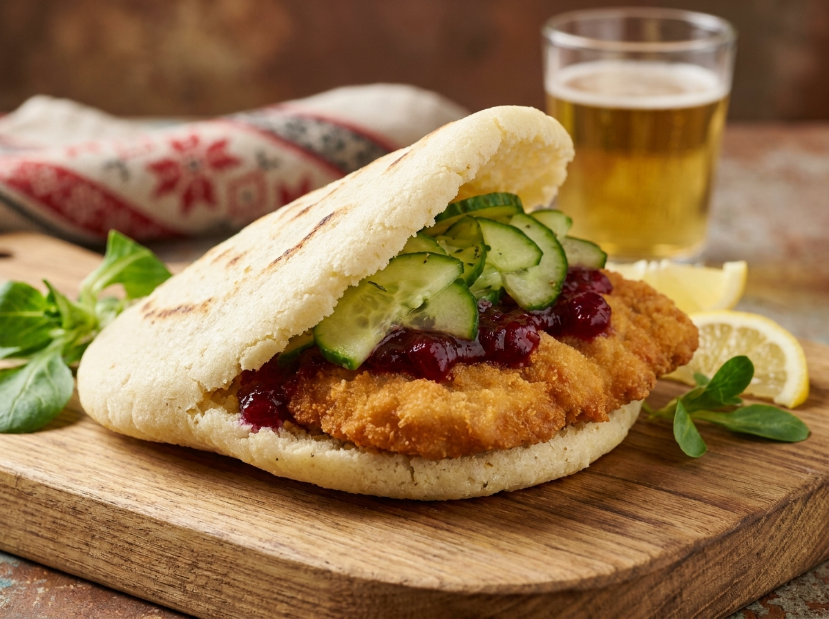Arepa de Schnitzel Vienés con Ensalada de Pepino y Salsa de Arándanos