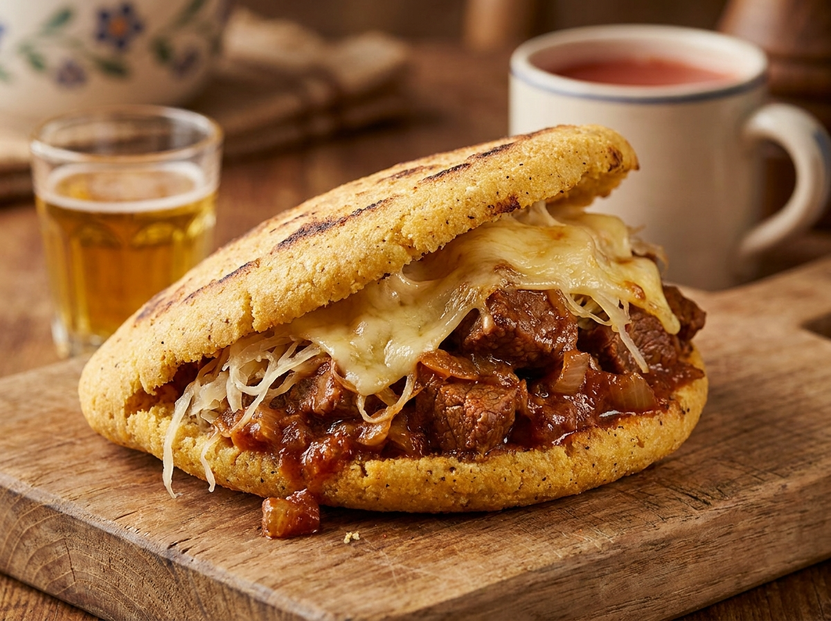 Arepa al Estilo Gmundner con Gulasch Bohemio y Chucrut