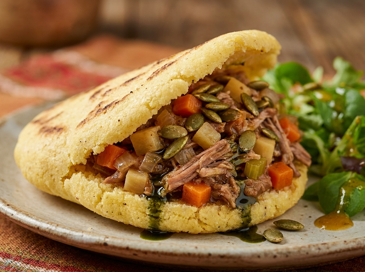 Arepa Estiria de Wurzelfleisch con Aceite de Calabaza