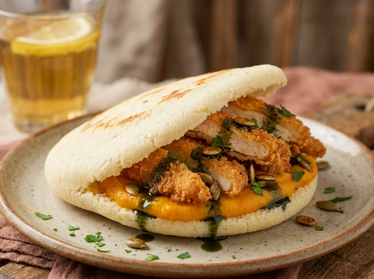 Arepa de Backhendl Estirio (Pollo Empanizado con Crema de Calabaza)
