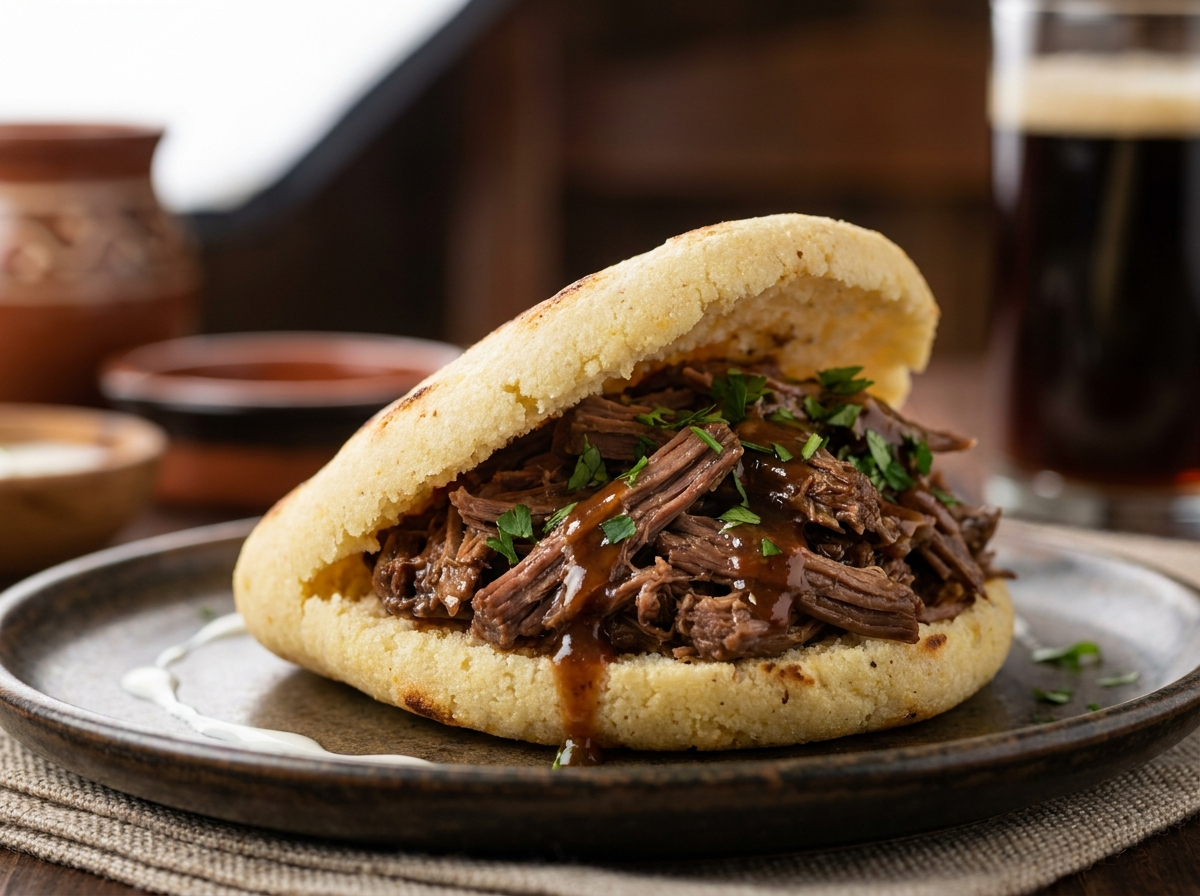 Arepa de Bierfleisch (Estofado de Res a la Cerveza Austriaca)