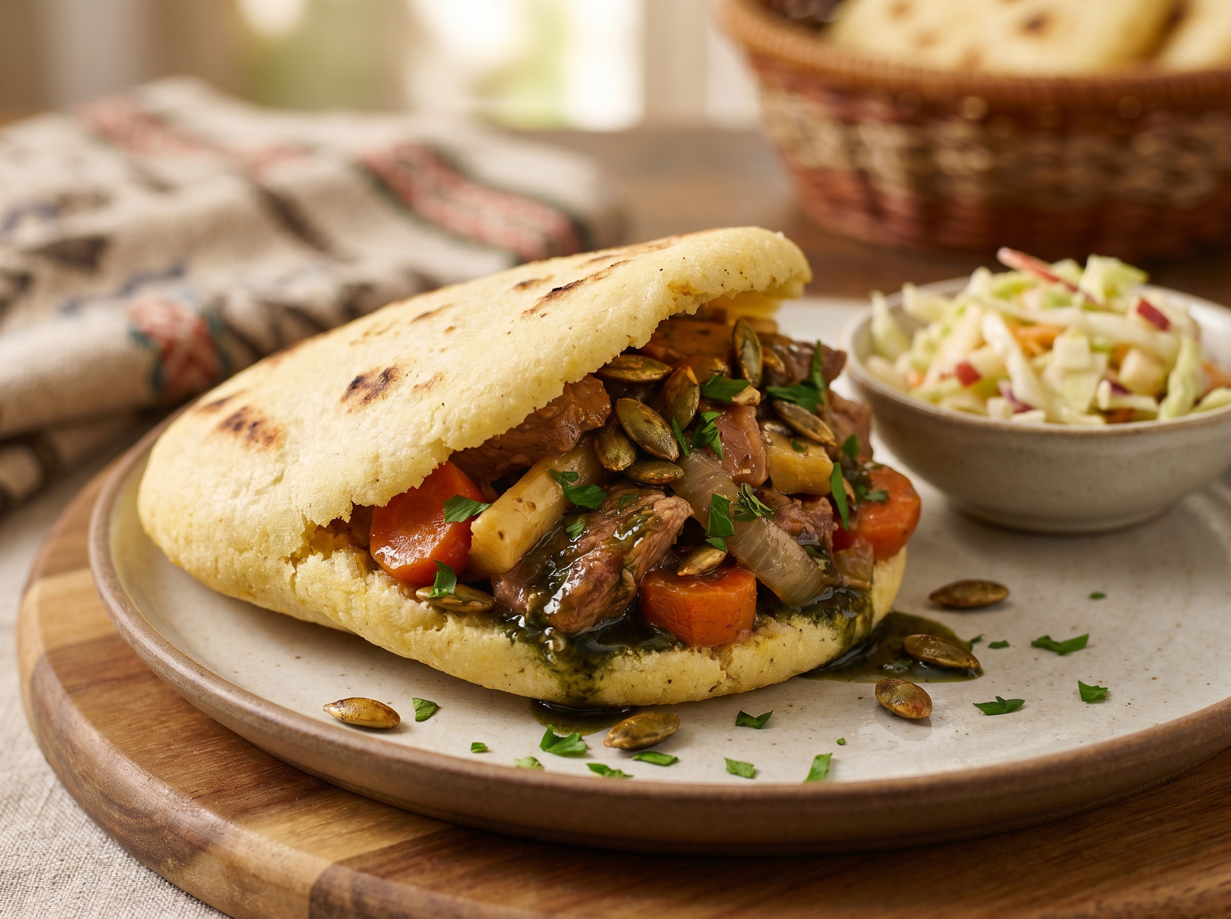 Arepa rellena de cerdo estofado con aceite de calabaza y verduras de raíz (inspirada en el Steirischer Kürbiskernölbraten)