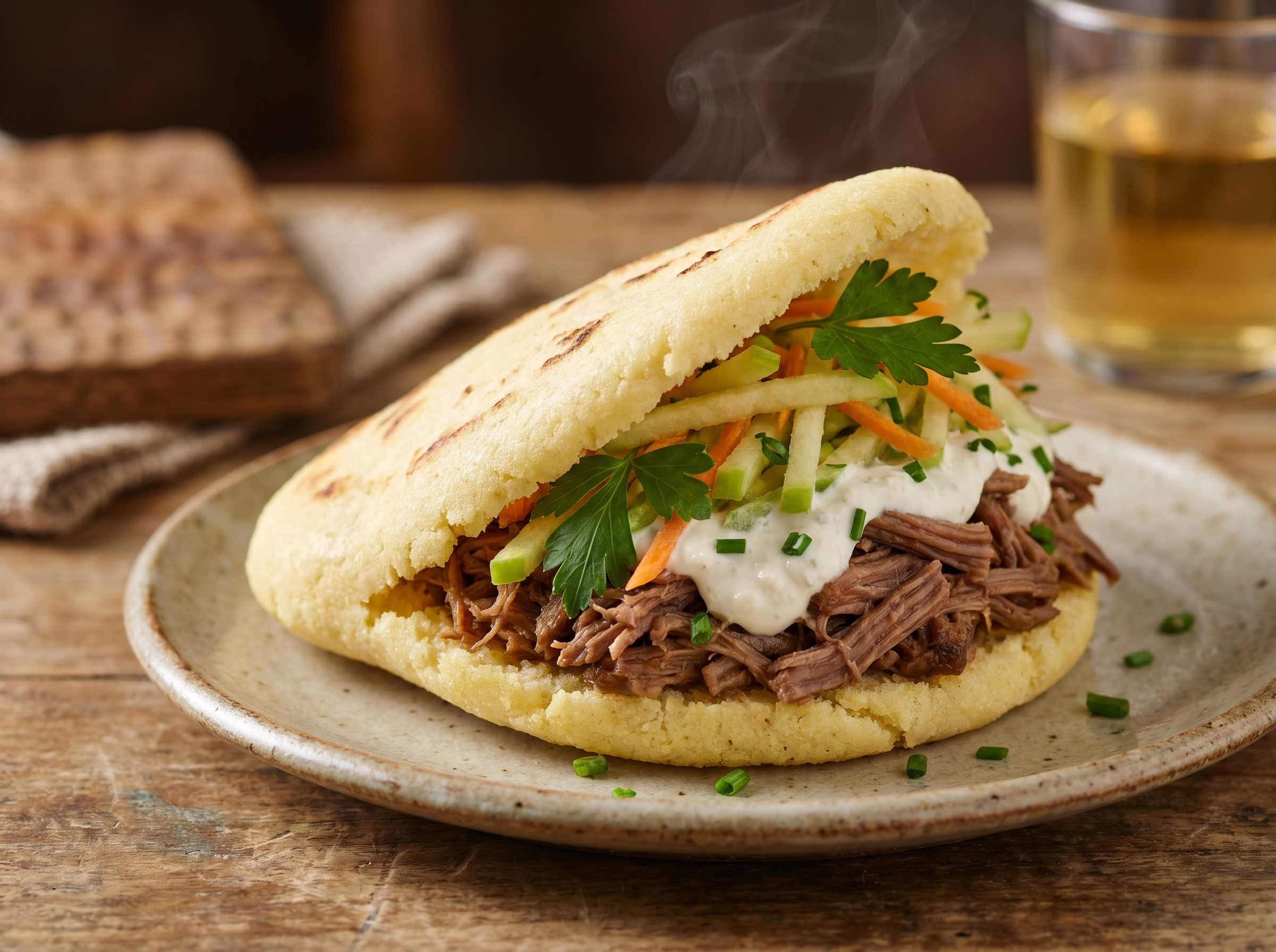 Arepa de Tafelspitz: Carne de Res Braseada con Rábano Picante y Manzana