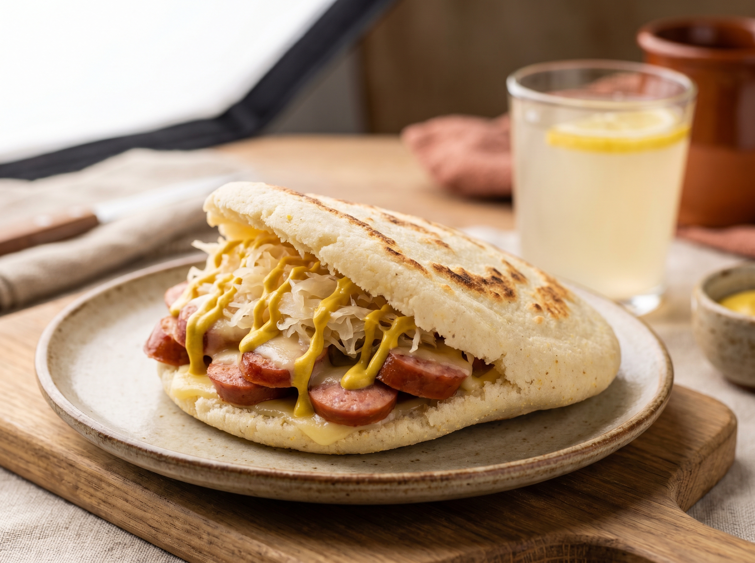 Arepa de Käsekrainer con Chucrut y Mostaza