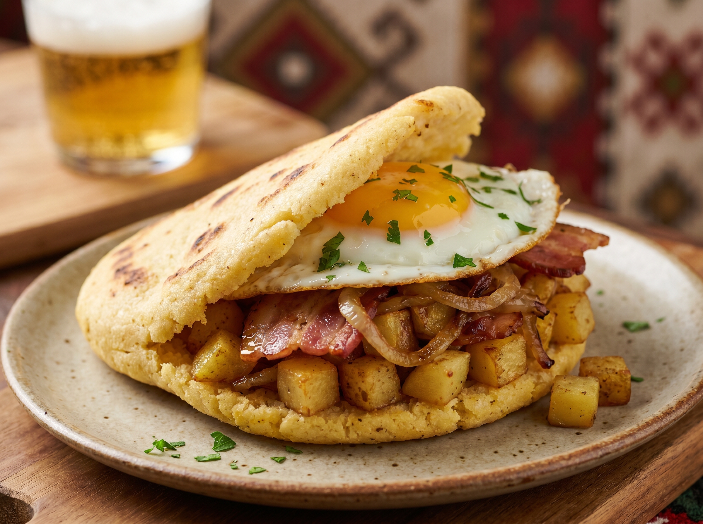 Arepa Tiroler Gröstl: Arepa rellena de patatas, bacon y huevo