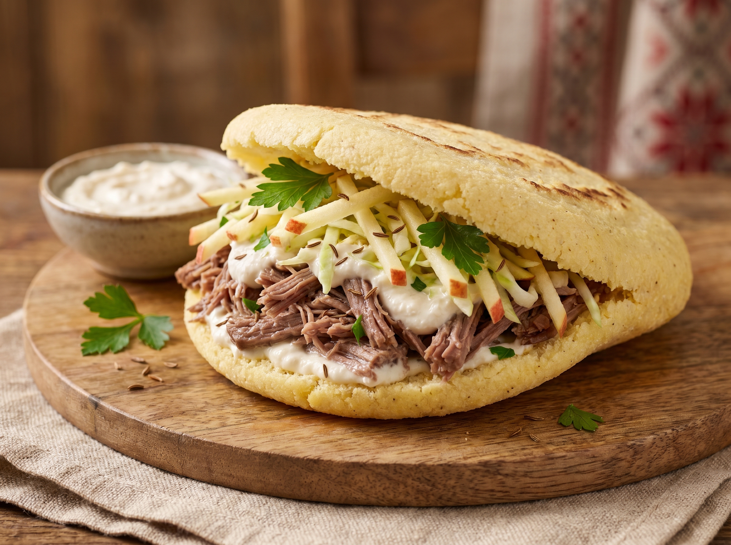 Arepa Tafelspitz: Carne a la Austriaca con Rábano Picante