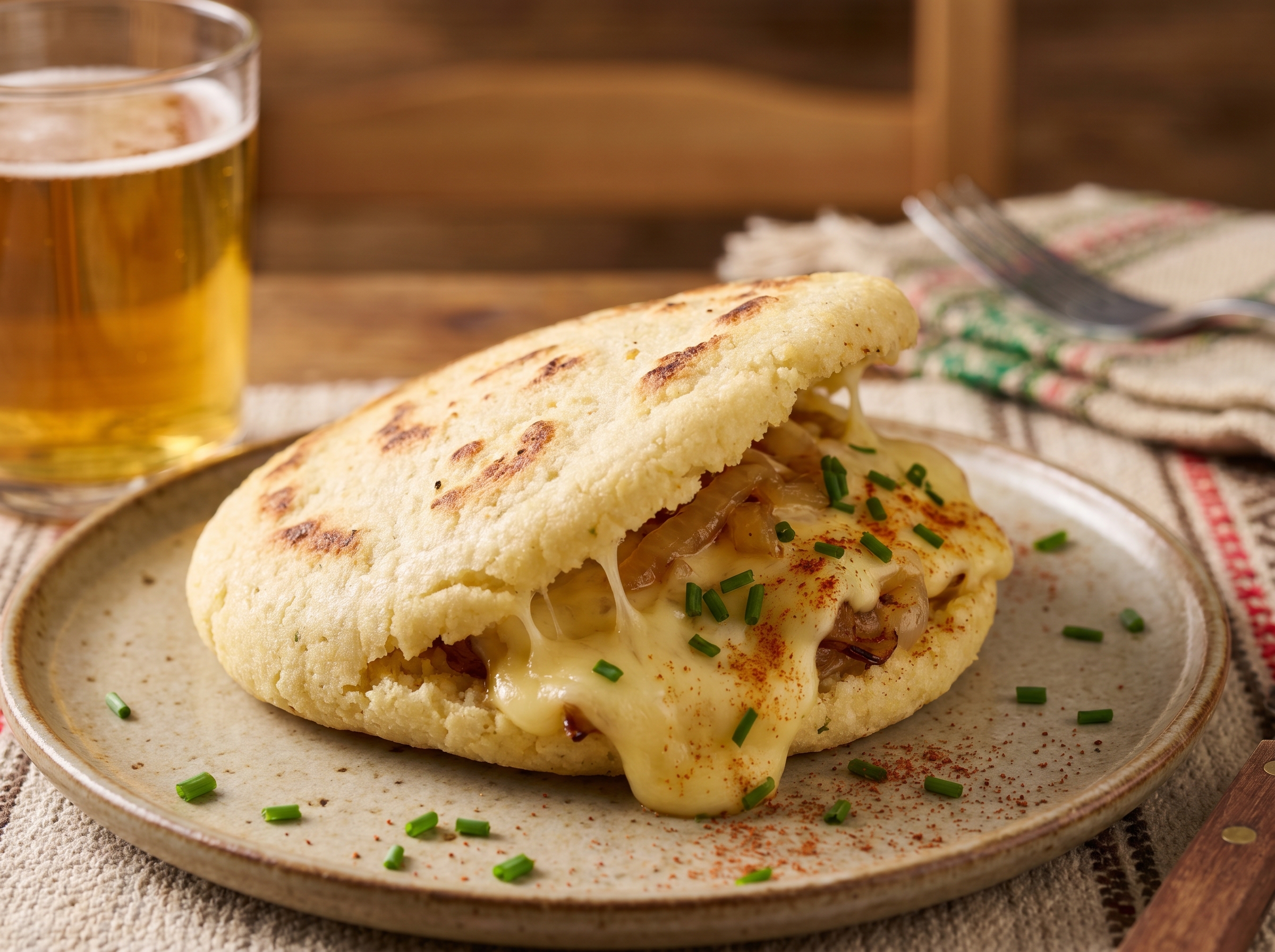 Arepa de Käsknöpfle (Queso y Cebolla Caramelizada)