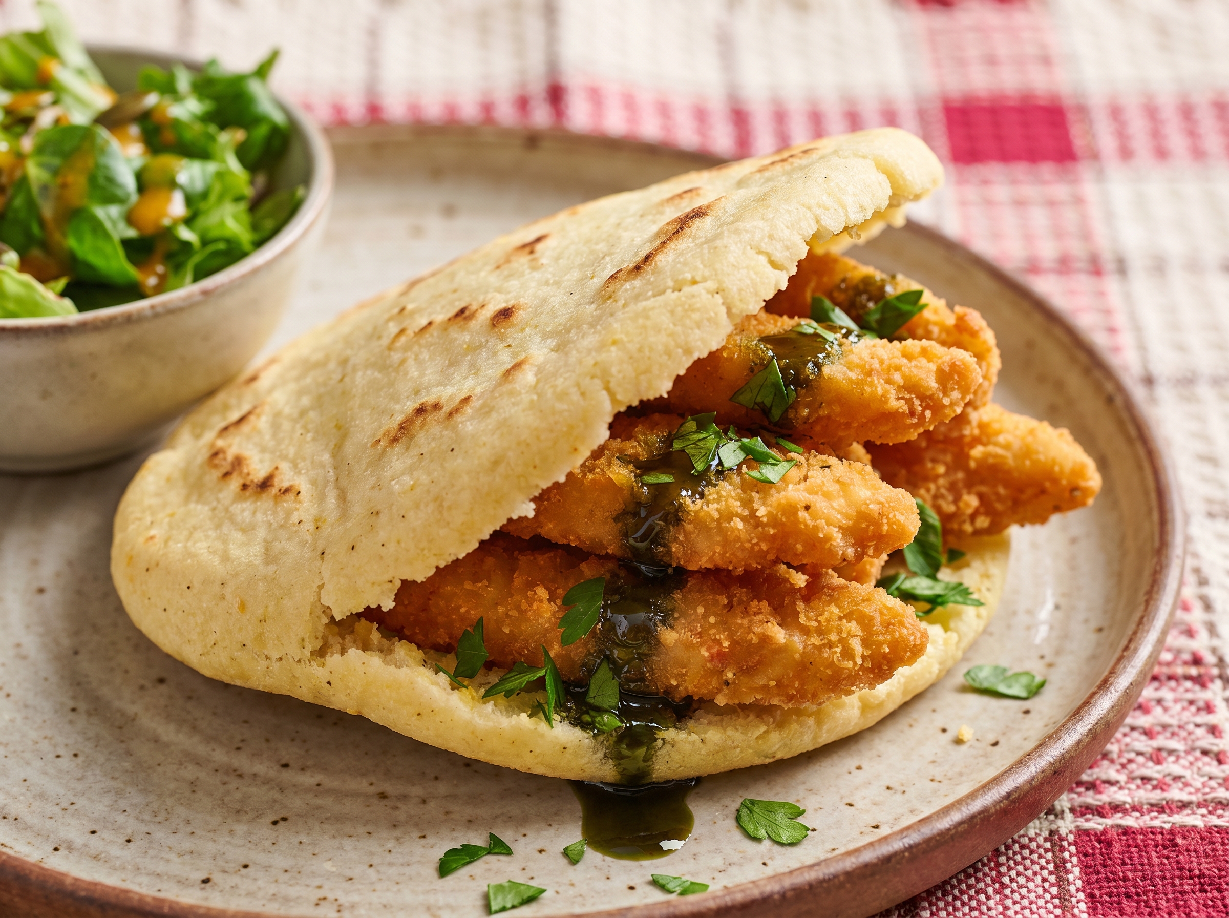 Arepa Estiria de Pollo al Aceite de Calabaza (Steirisches Backhendl Arepa)