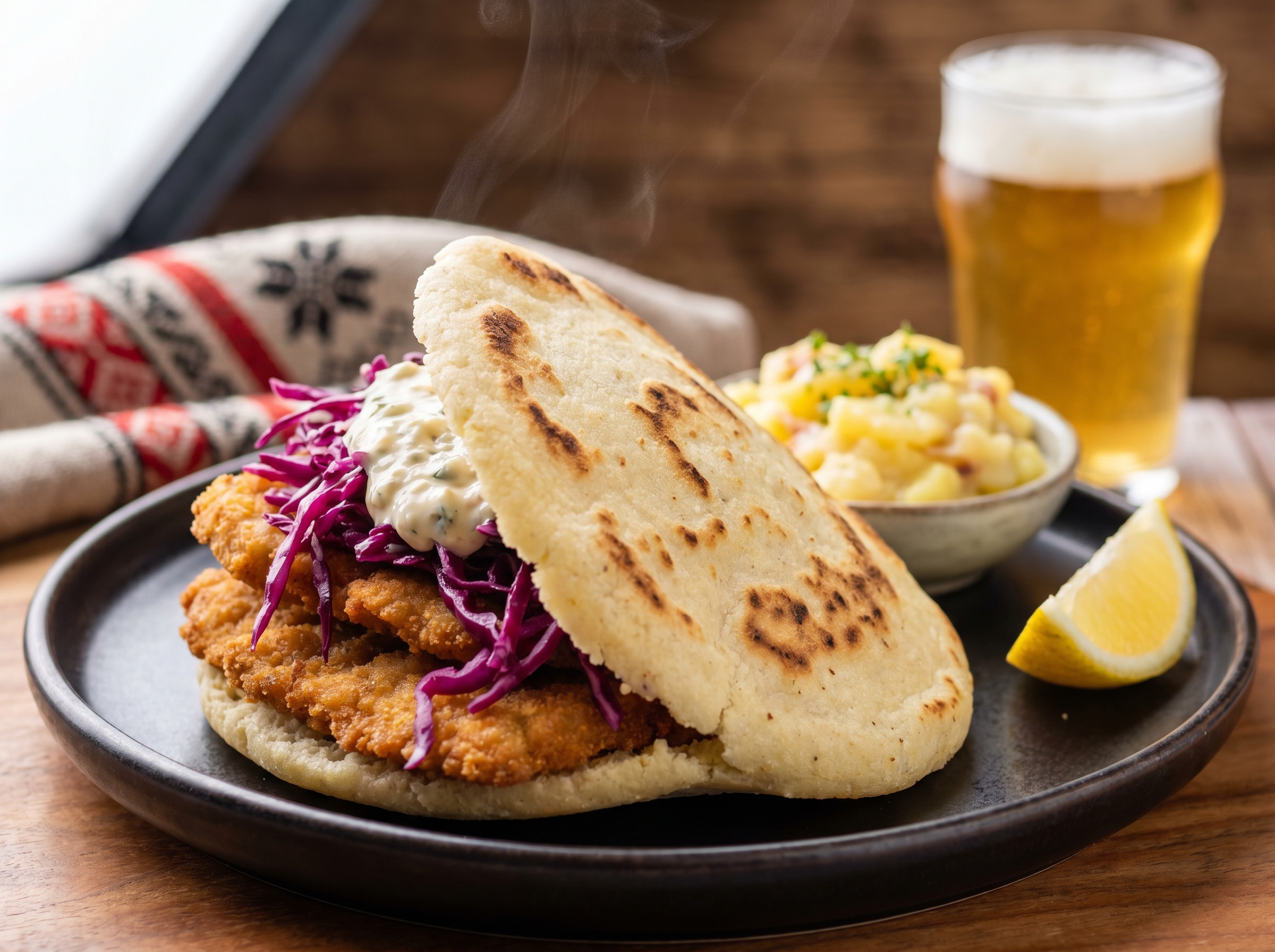Arepa rellena de Wiener Schnitzel
