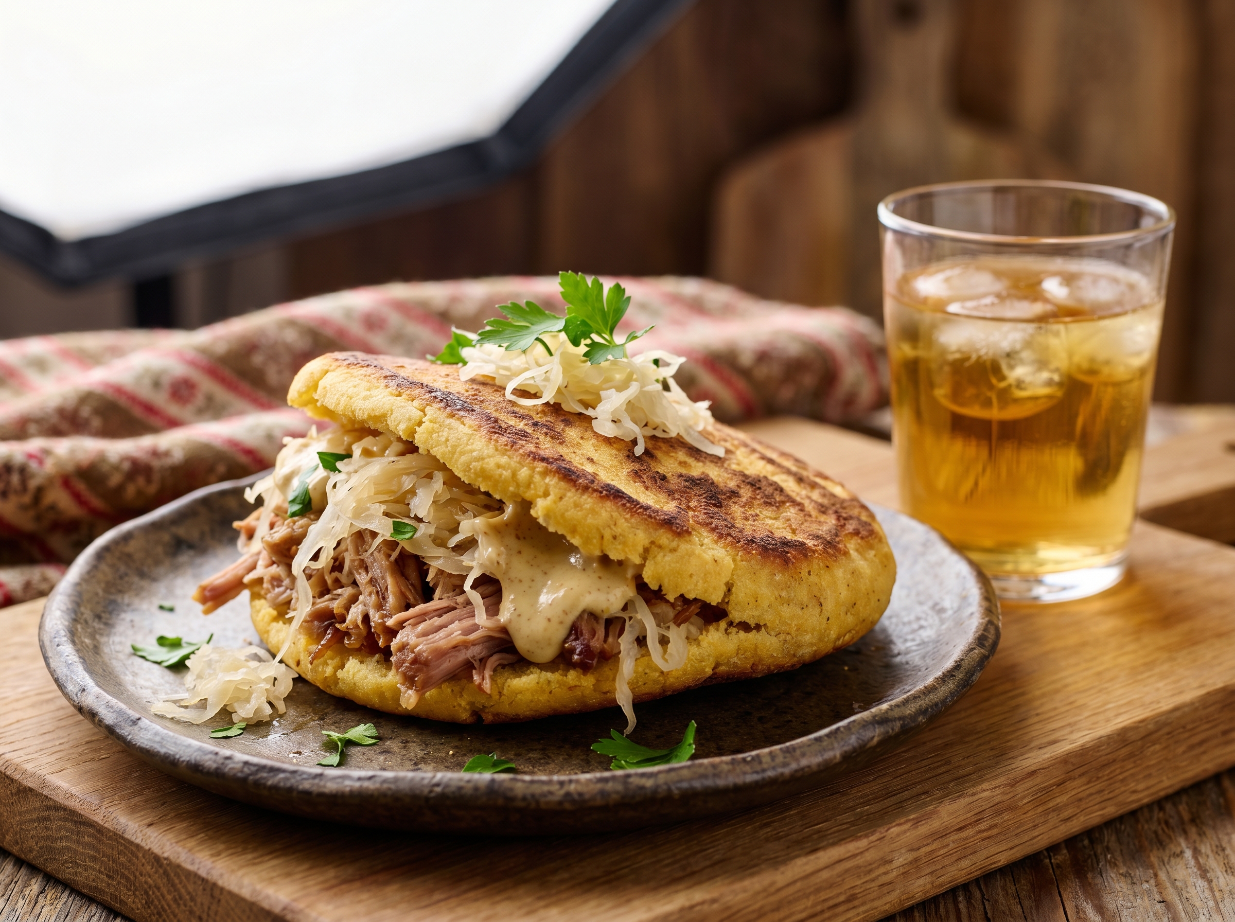 Arepa de Schweinsbraten con Sauerkraut y Crema de Mostaza