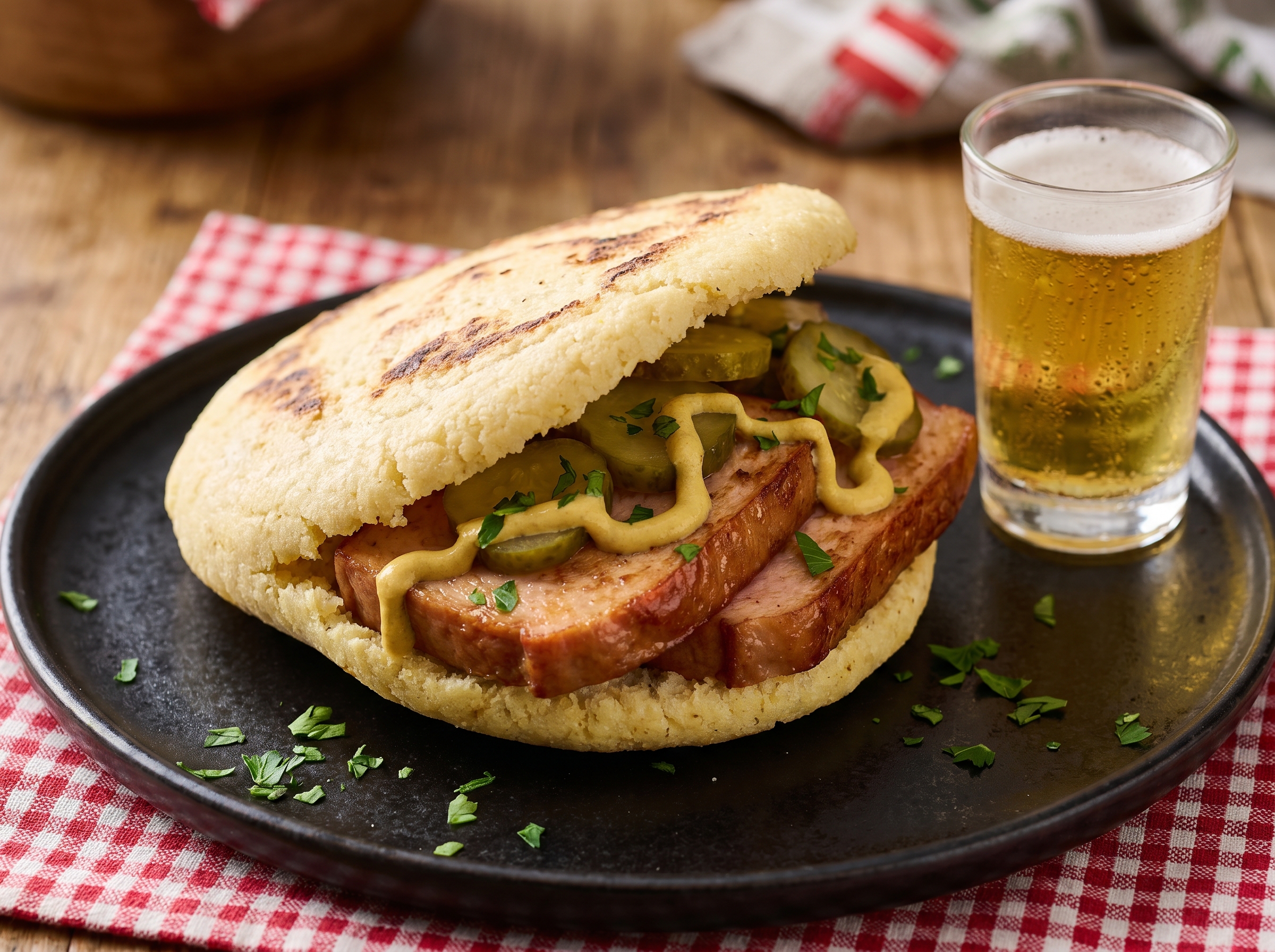 Arepa Mattersburg: Leberkäse, pepinillos y mostaza
