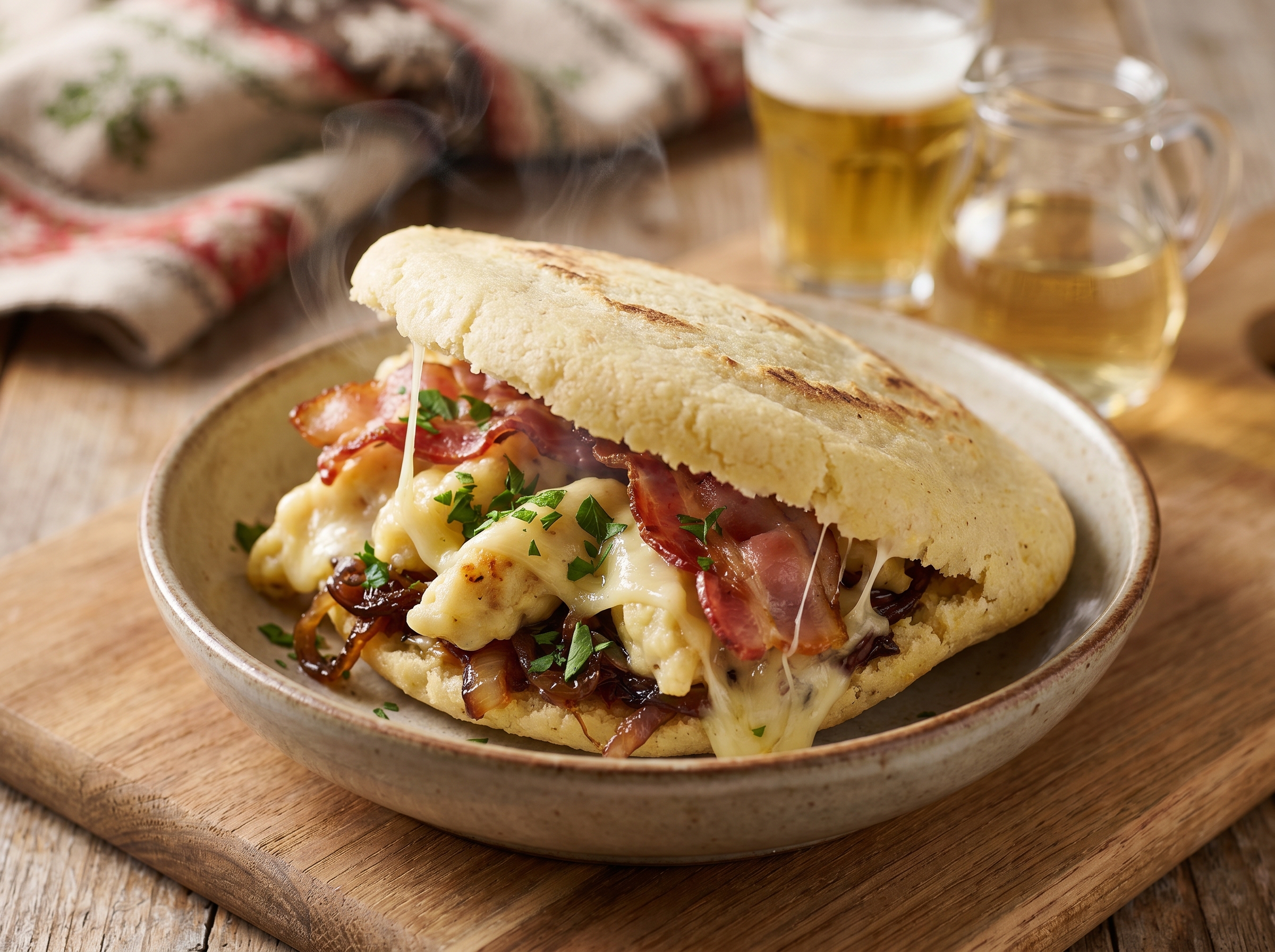 Arepa Pinzgauer: Queso, Cebolla Caramelizada y Speck
