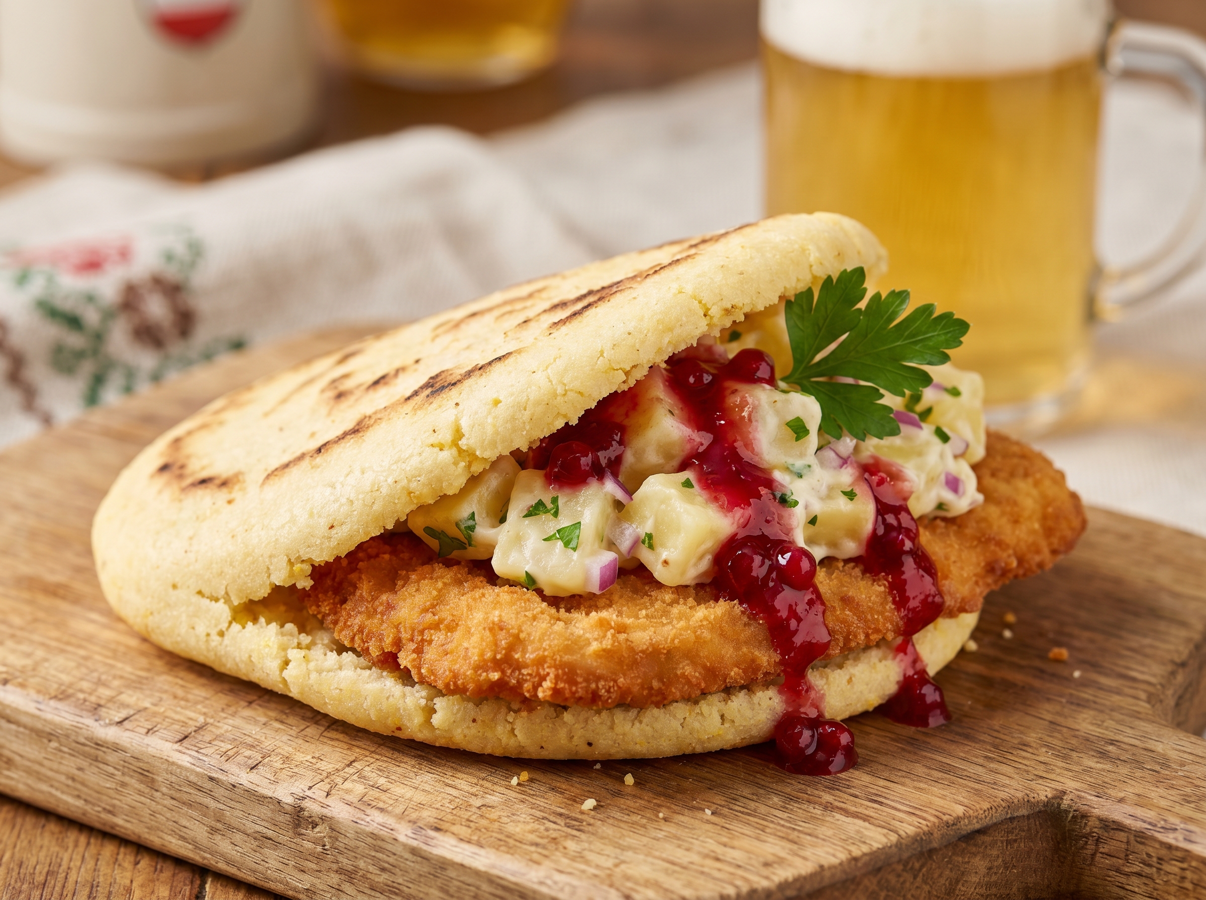 Arepa de Schnitzel con Ensalada de Papa y Arándanos Rojos