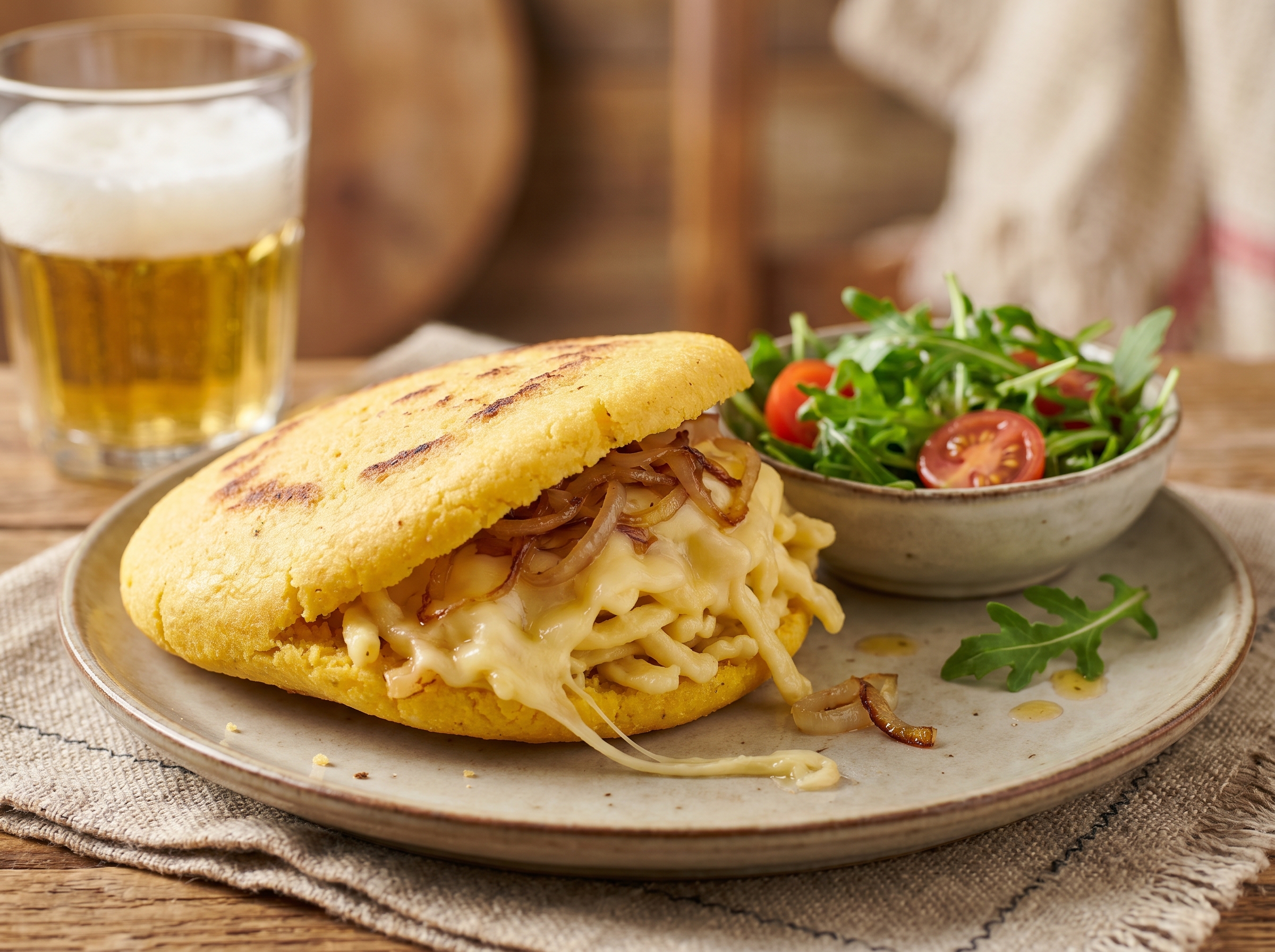 Arepa de Käsespätzle: Fusión Austriaca con Queso y Cebolla Caramelizada