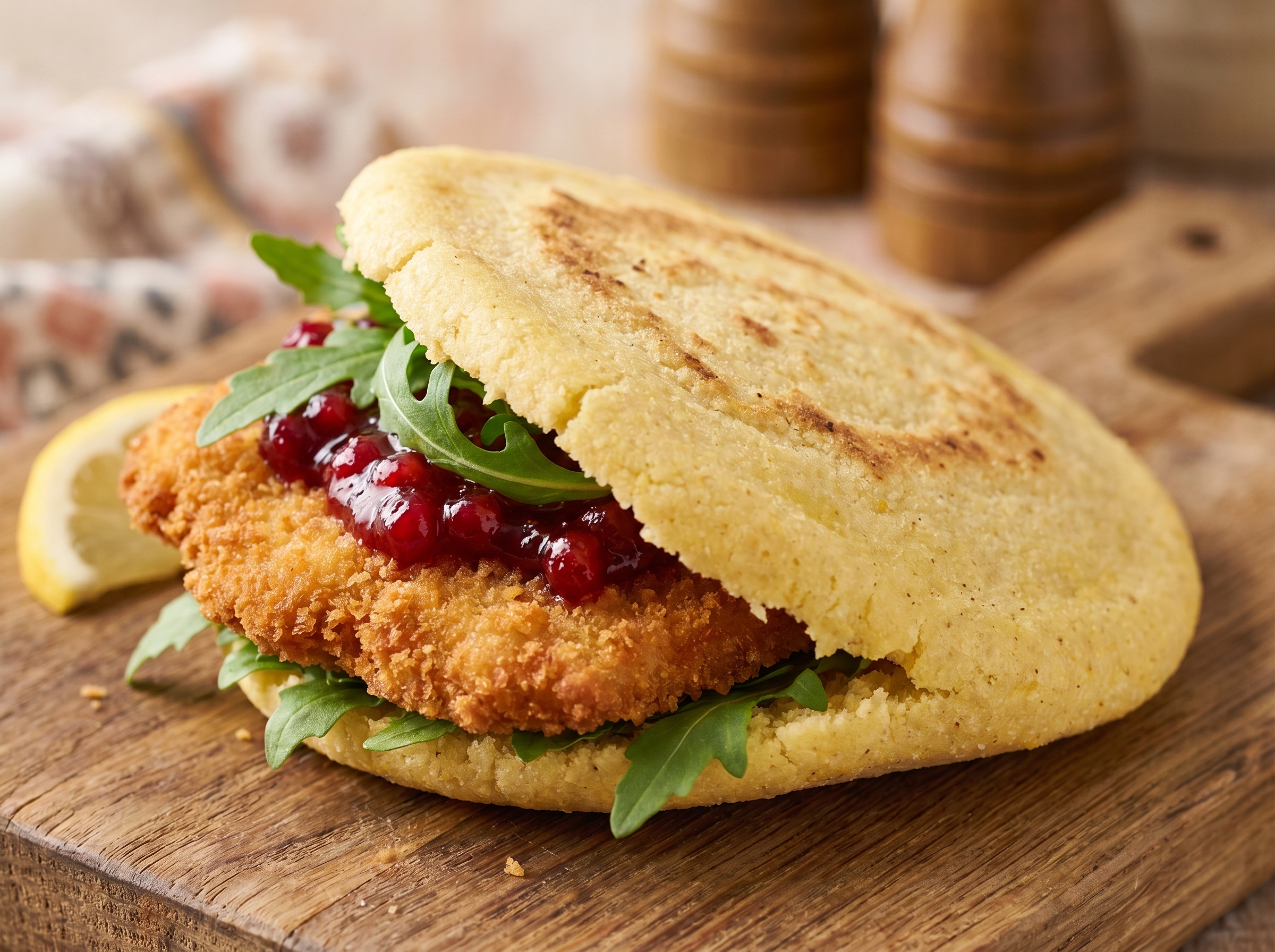 Arepa de Wiener Schnitzel con Compota de Arándanos Rojos