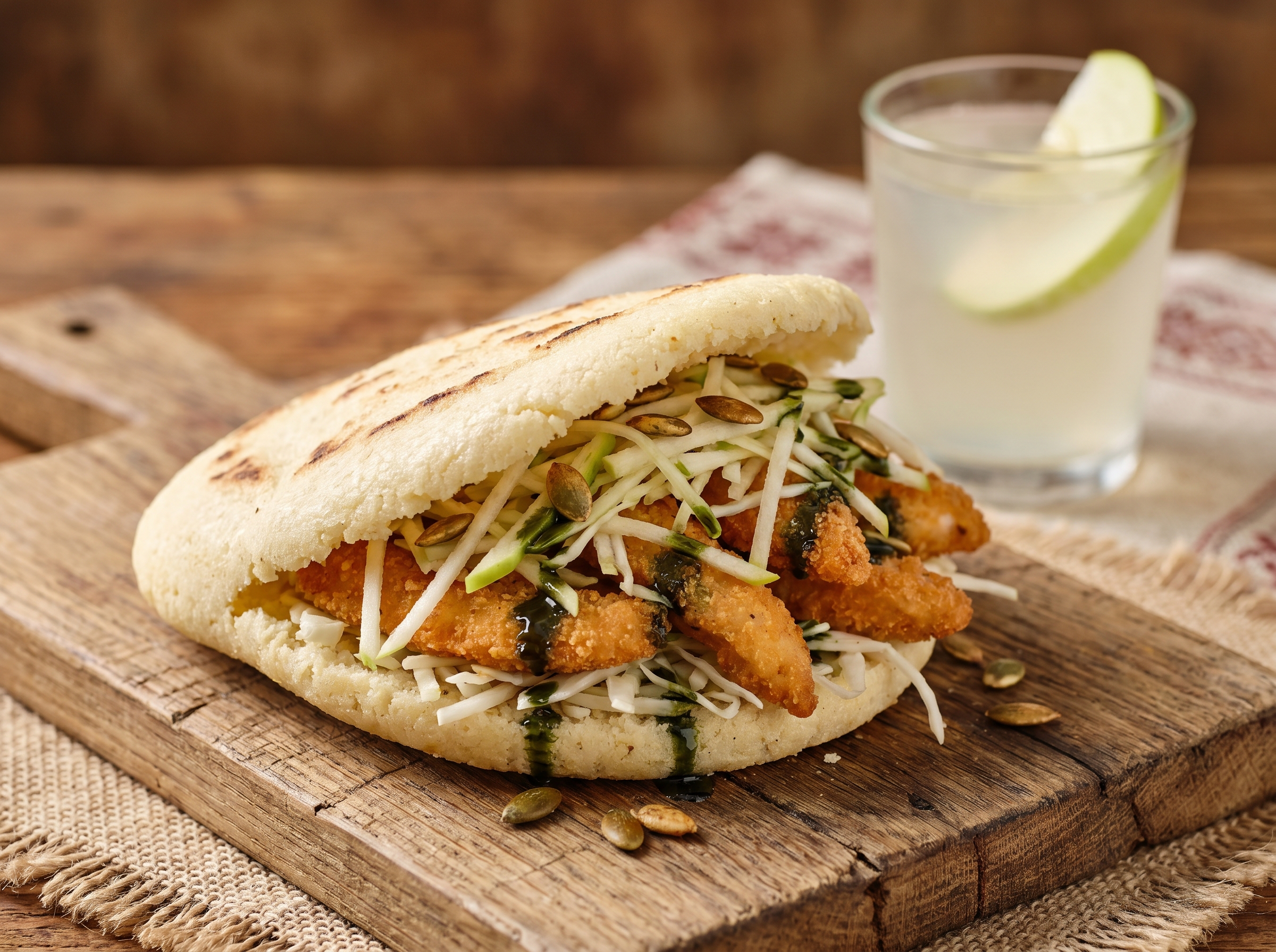 Arepa de Backhendl con Ensalada de Col y Aceite de Semillas de Calabaza