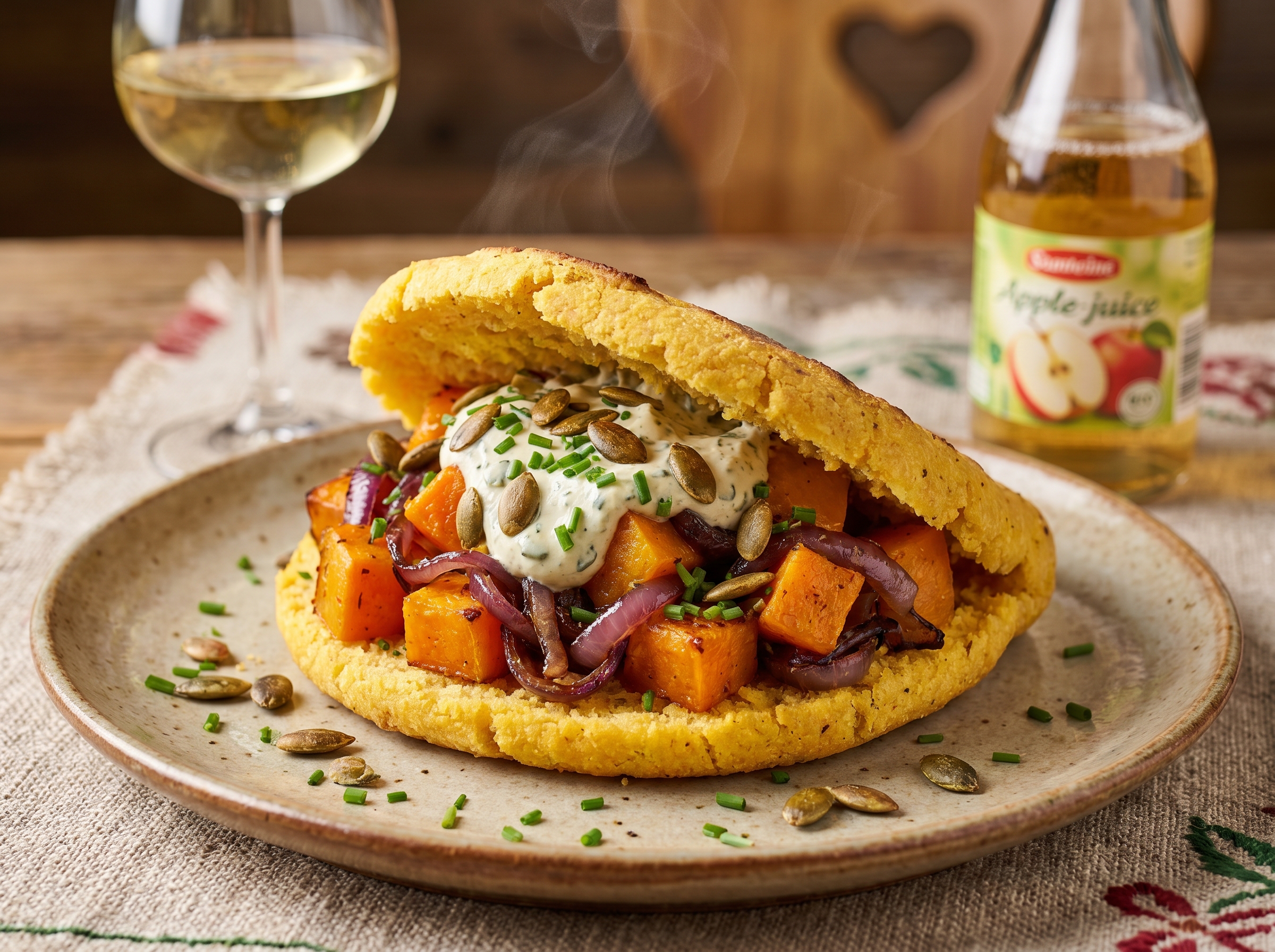 Arepa de calabaza asada con crema de semillas de calabaza (inspirada en la Kürbiscremesuppe de Poysdorf)