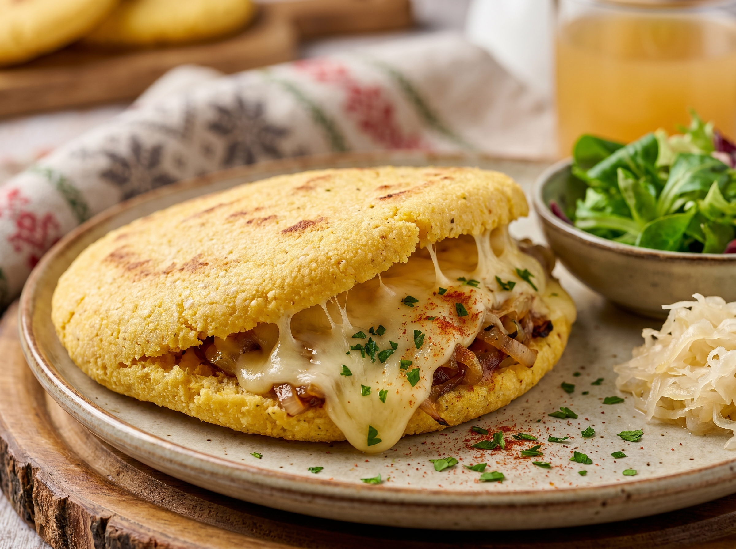 Arepa de Käsespätzle (Arepa Rellena de Queso Fundido y Cebolla Caramelizada al Estilo Austriaco)