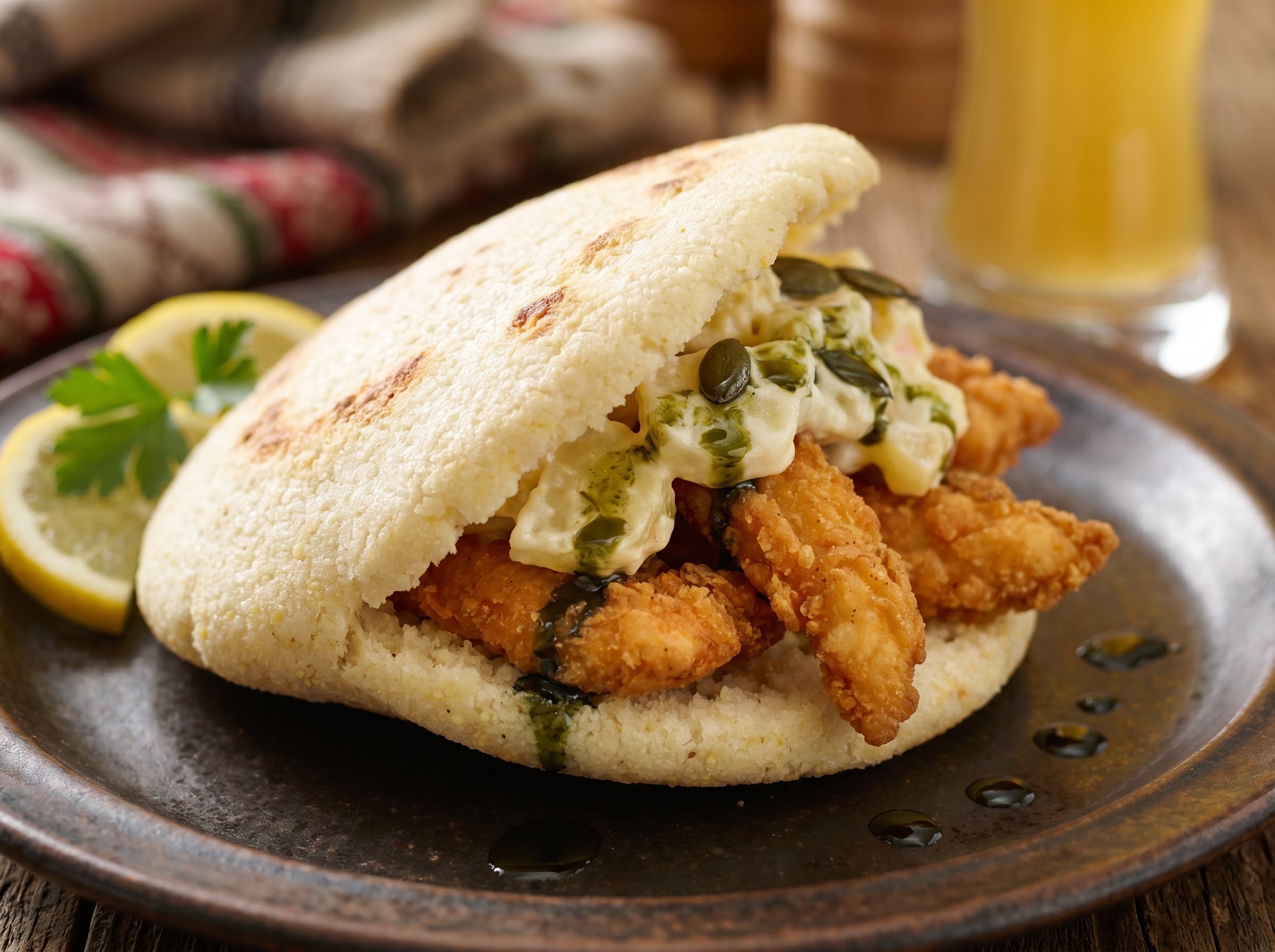 Arepa de Backhendl: Pollo Frito Estirio con Ensalada de Patata y Aceite de Semilla de Calabaza