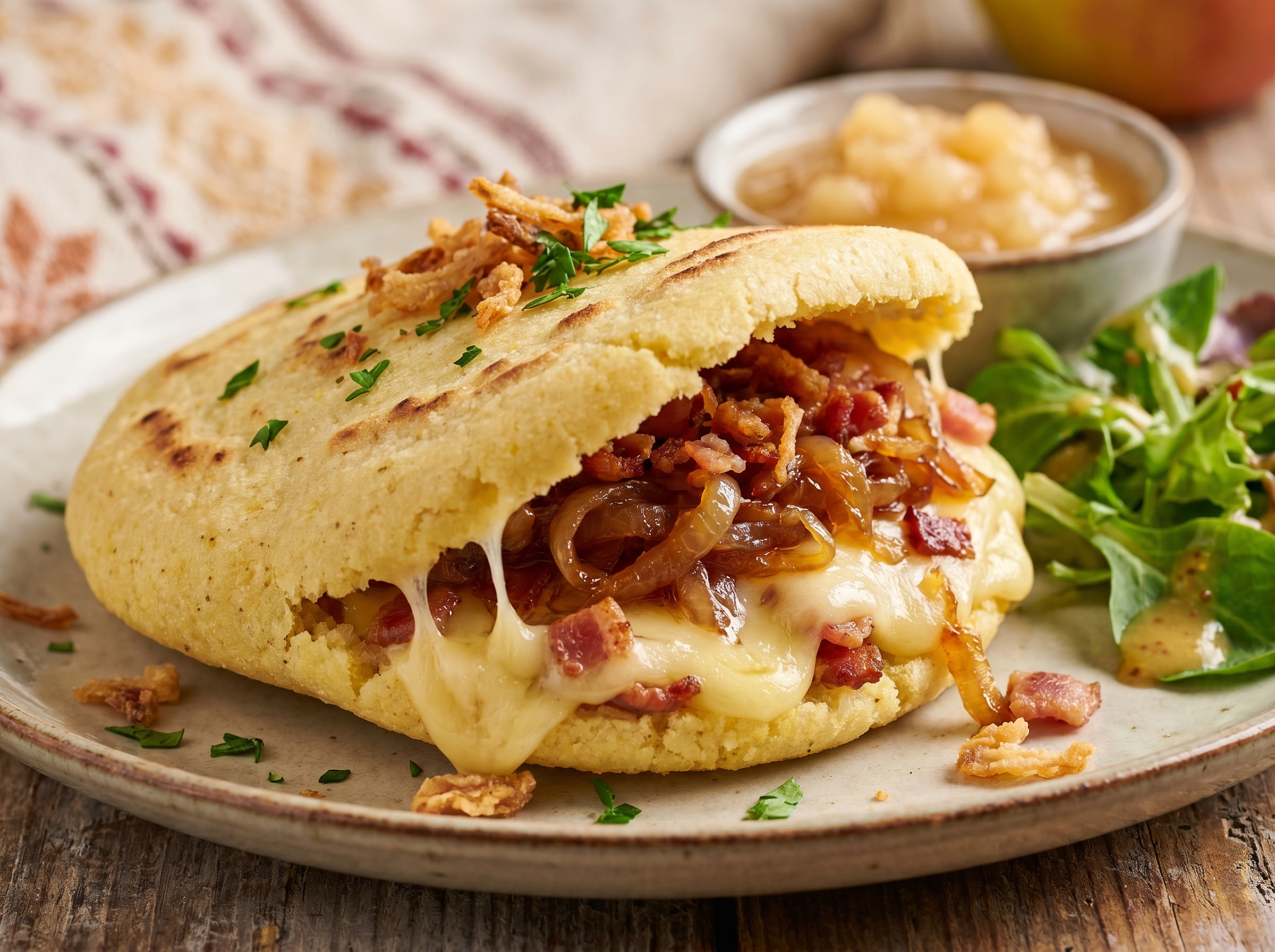 Arepa de Käsespätzle (Arepa Rellena de Queso Fundido y Cebolla Caramelizada)