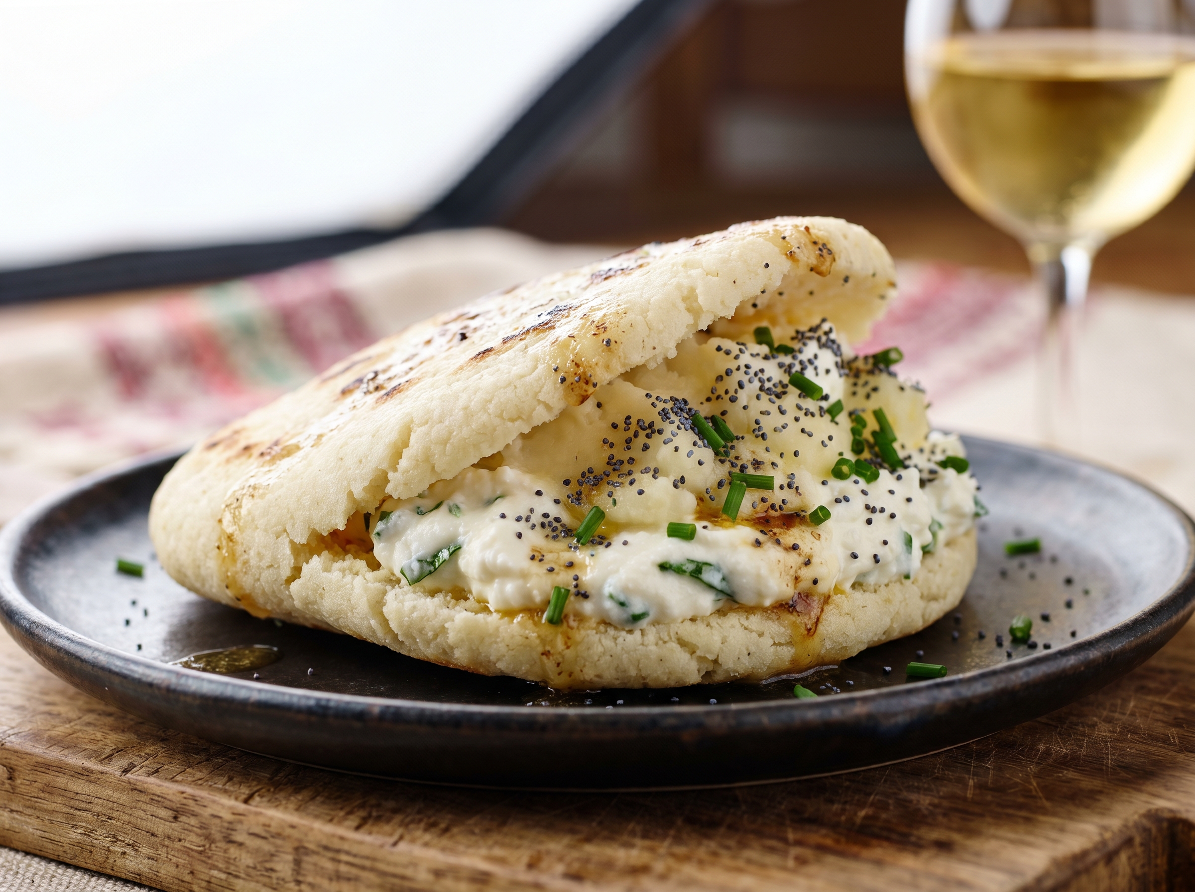 Arepa rellena de Kasnudeln (Arepa estilo Carintia con relleno de queso, papa y menta)