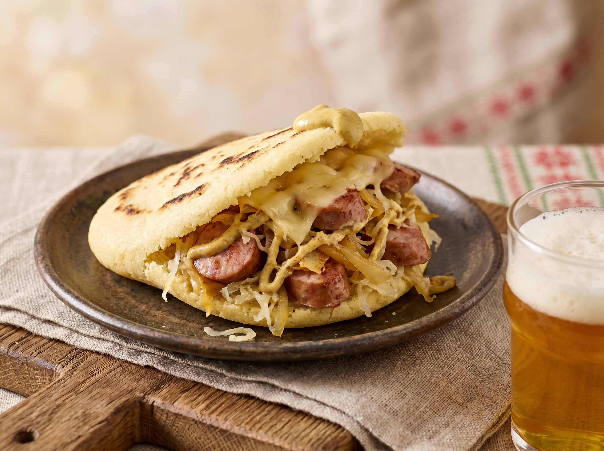 Arepa de Bratwurst y Chucrut al Estilo Austriaco
