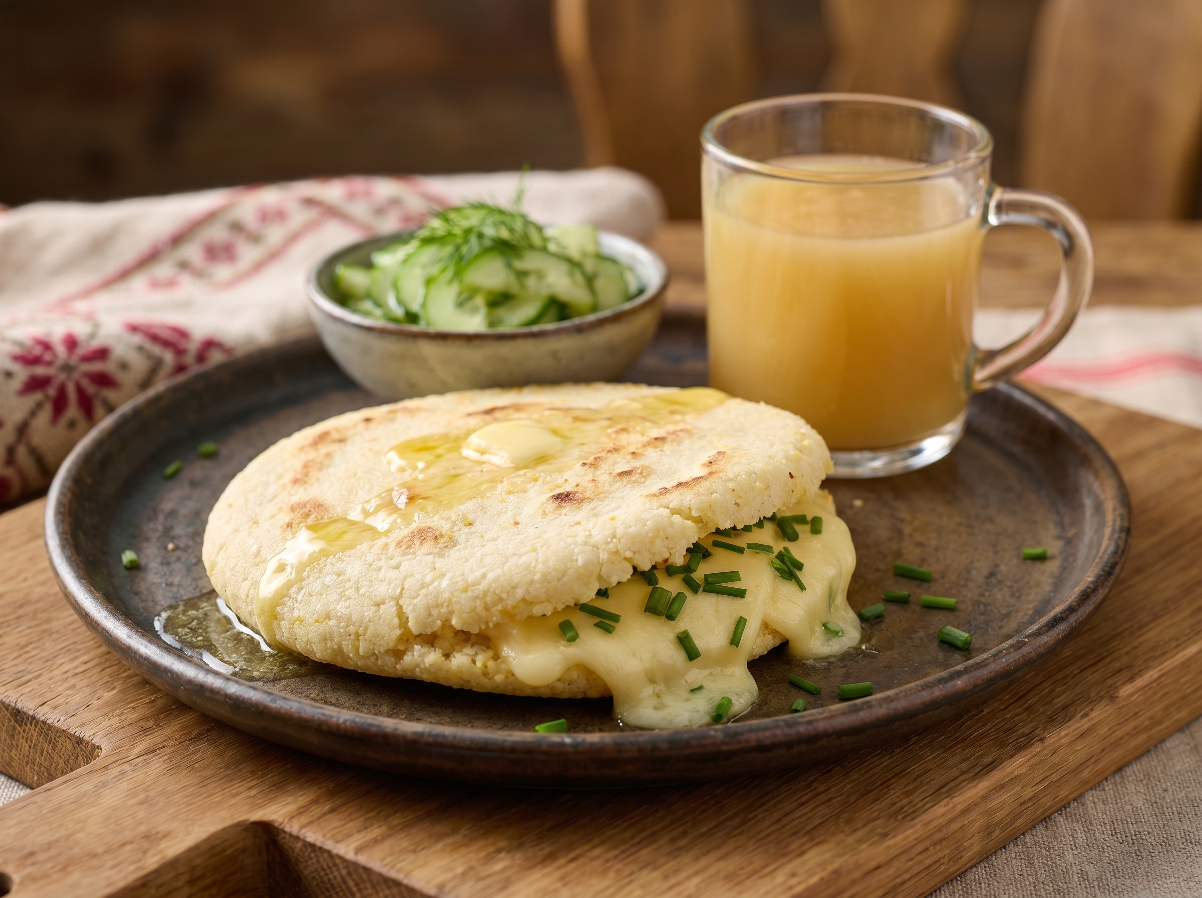 Arepa de Queso y Cebollino al Estilo Austriaco (Käsknödel-Arepa)