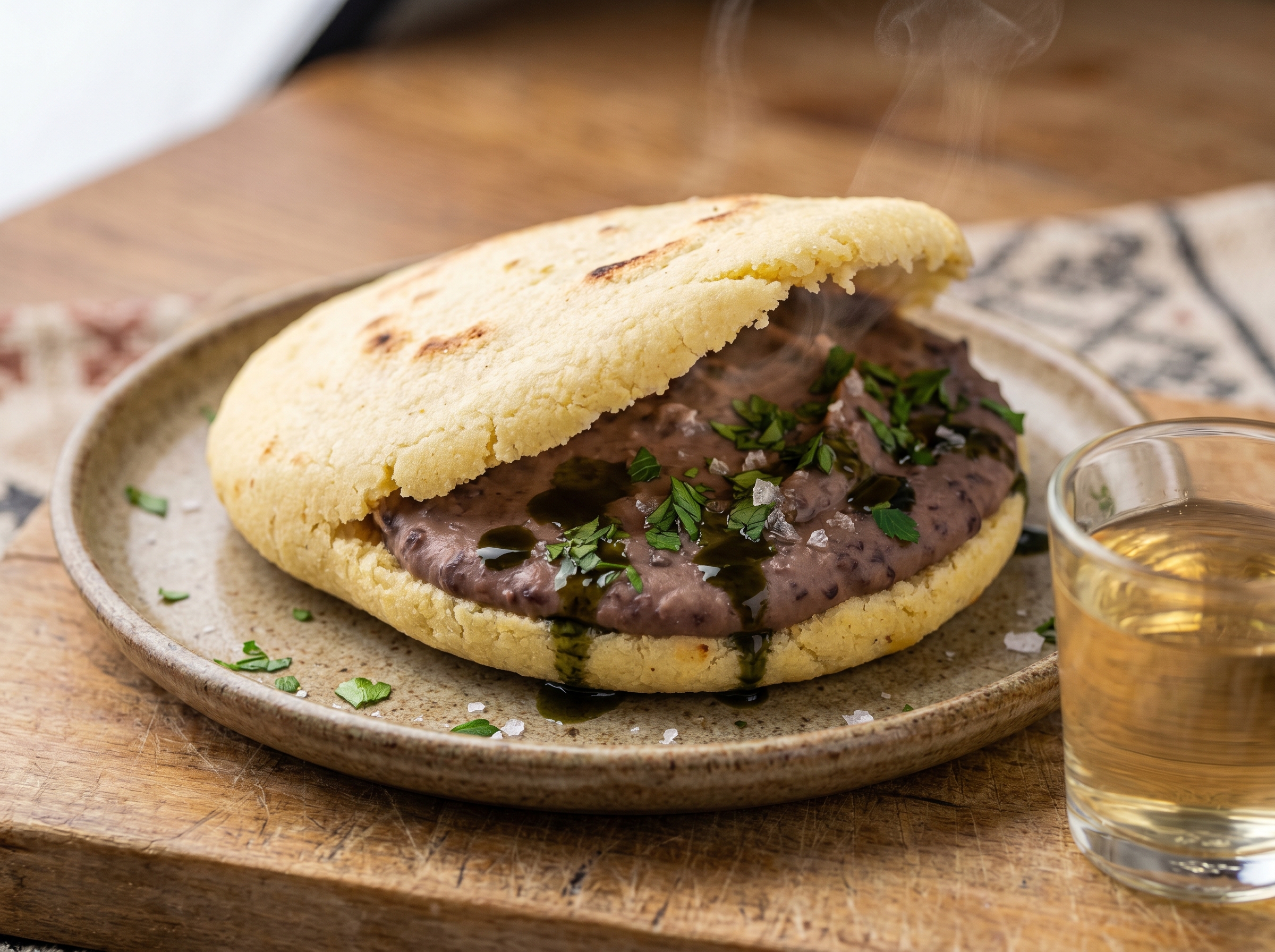 Arepa Estiria con Frijoles Käferbohnen y Aceite de Calabaza