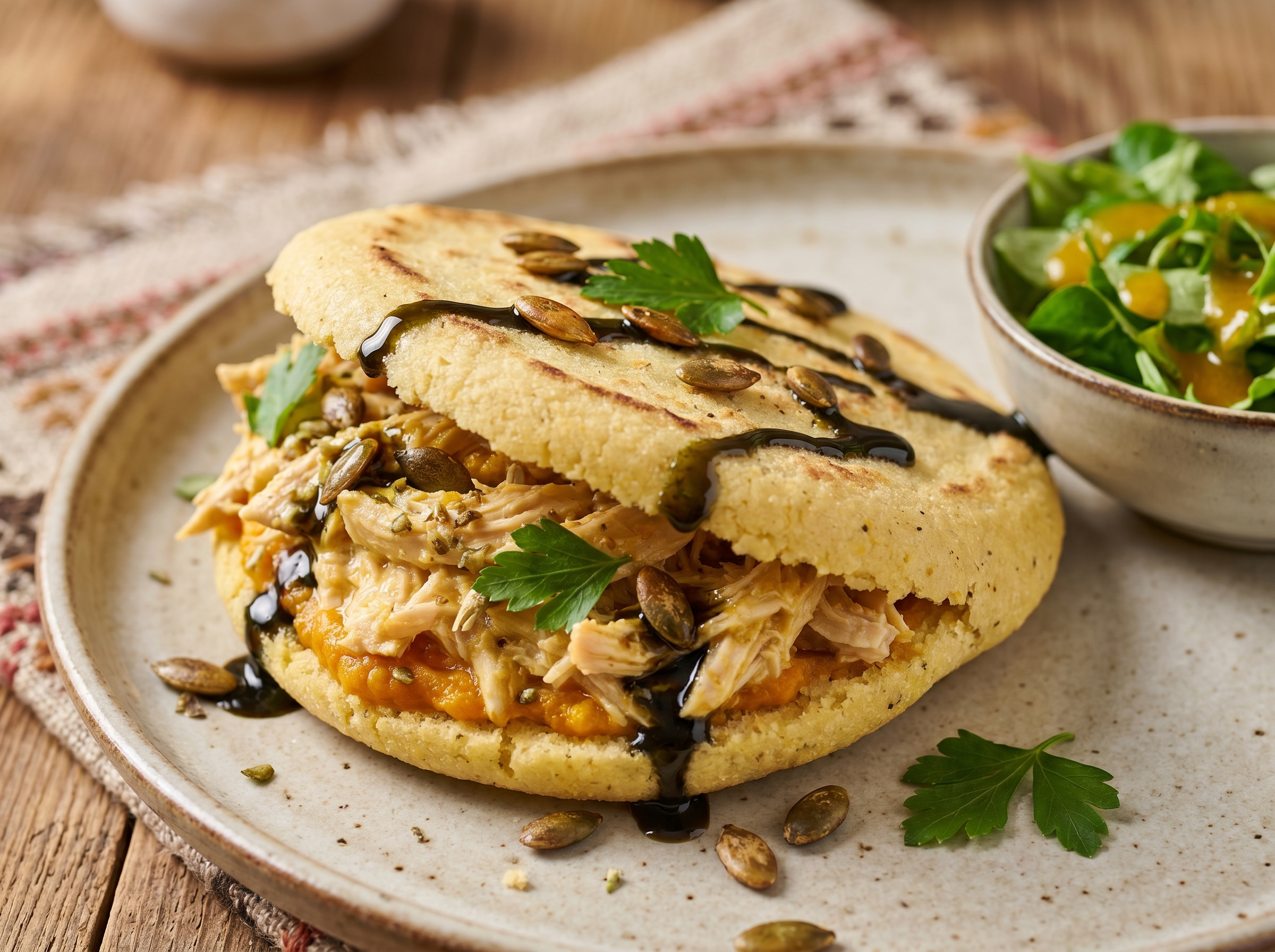 Arepa Estiria de Pollo Cremoso y Aceite de Calabaza