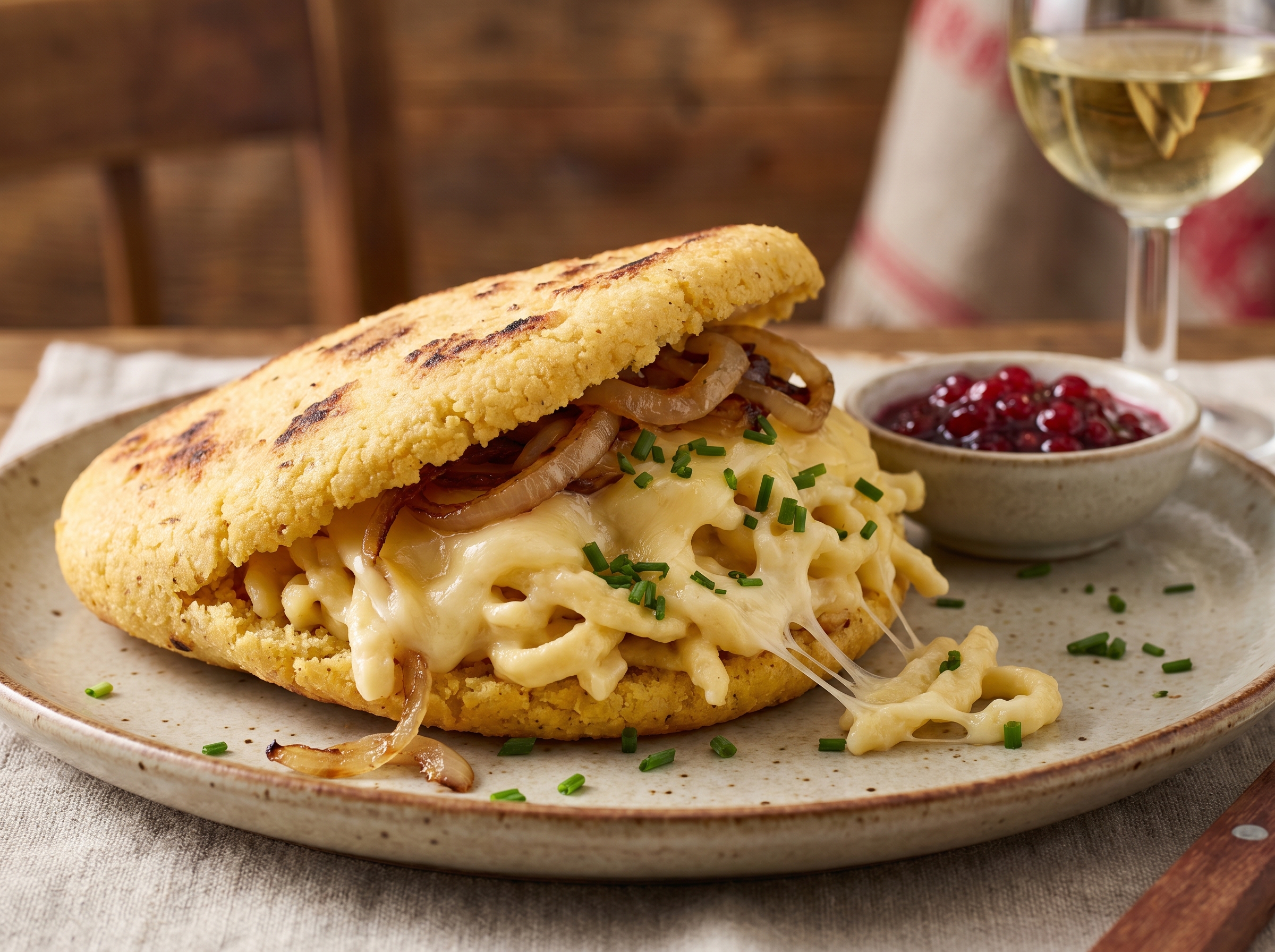 Arepa de Käsespätzle (Arepa Rellena de Tallarines con Queso al Estilo Austriaco)
