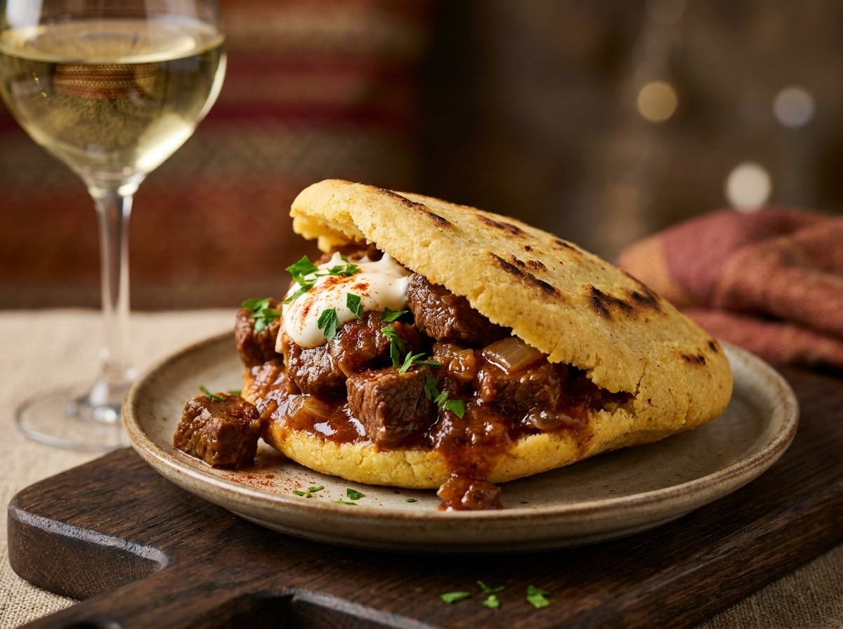 Arepa Rellena de Rindergulasch (Goulash Austriaco)