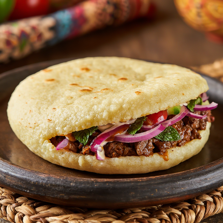 Arepa rellena de lyulya kebab al estilo Bakú