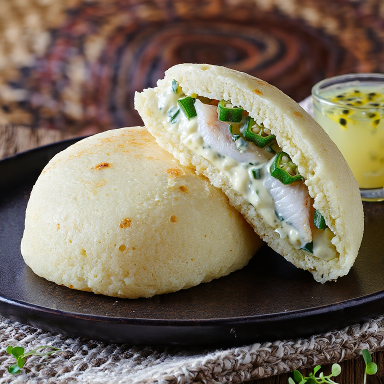Arepa Bridgetown: Arepa rellena de pescado volador y cou-cou