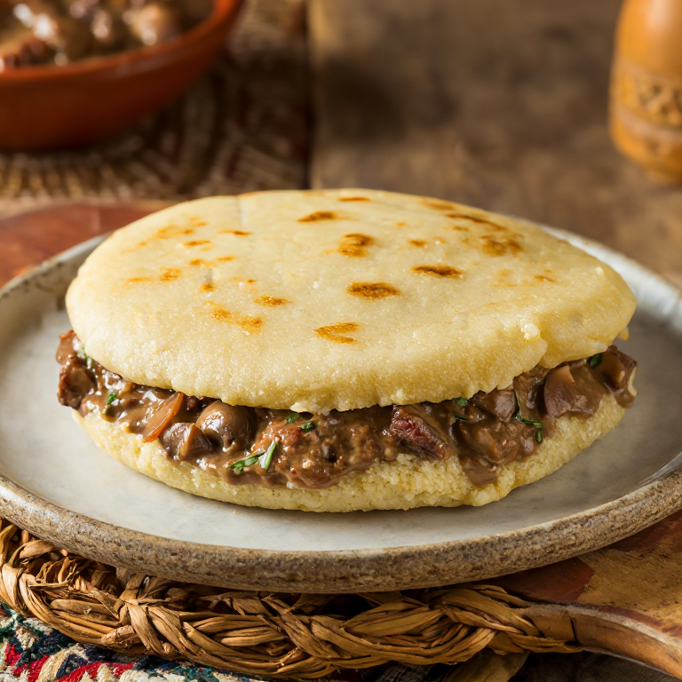Arepa Rellena de Machanka Bielorrusa (Estofado de Cerdo con Champiñones)