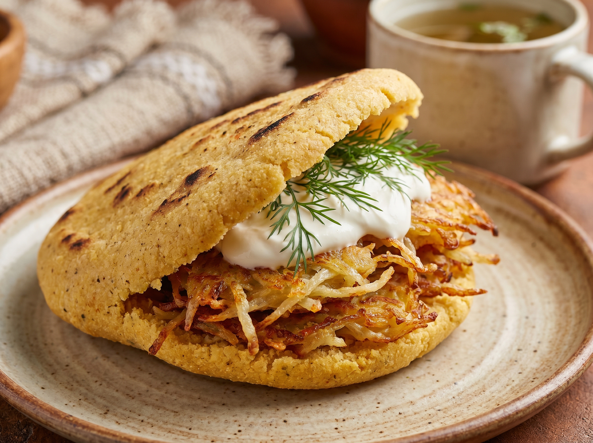 Arepa Rellena de Draniki Bielorrusos con Crema Agria y Eneldo