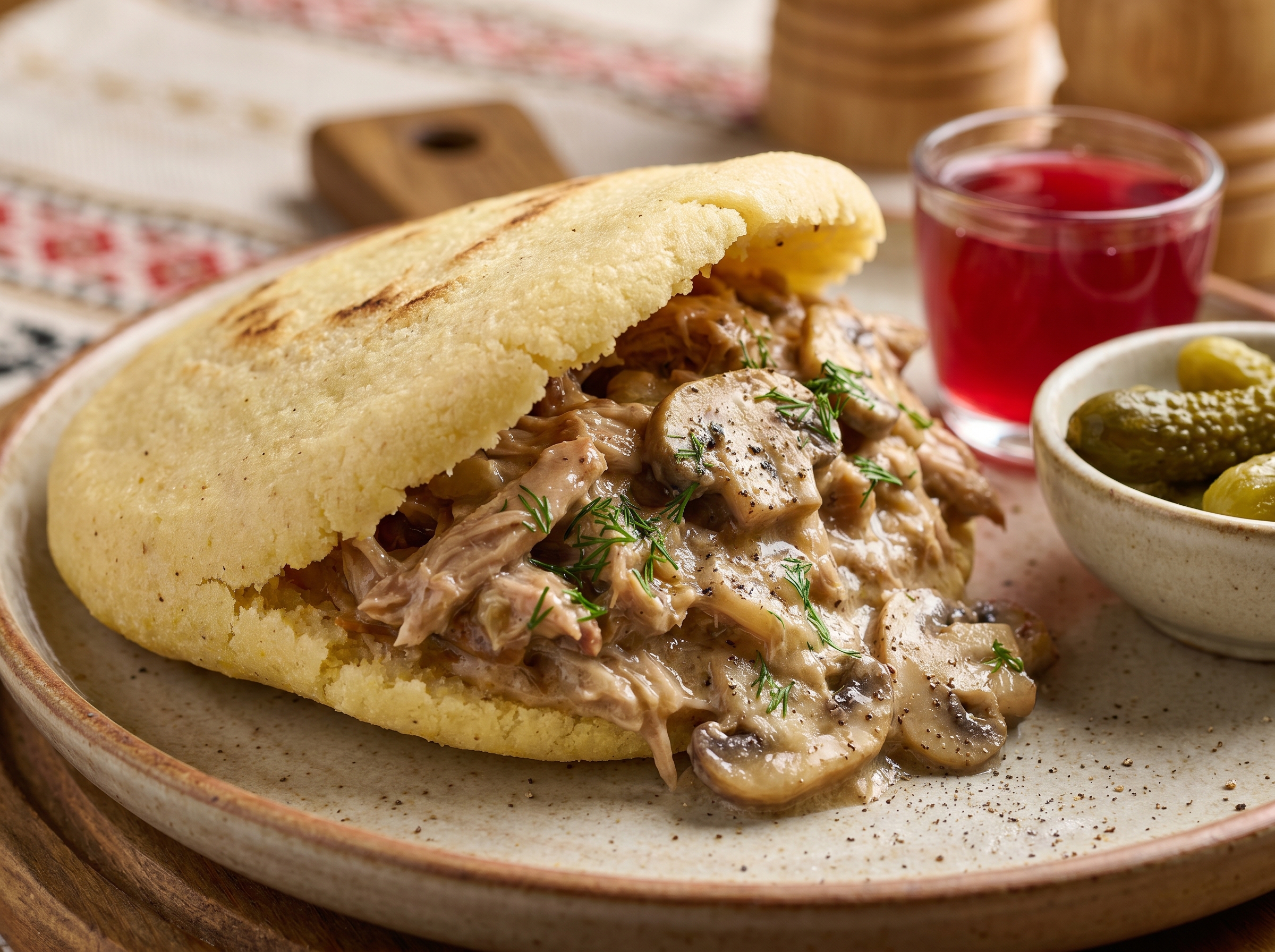 Arepa Rellena de Machanka (Estofado de Cerdo y Champiñones)