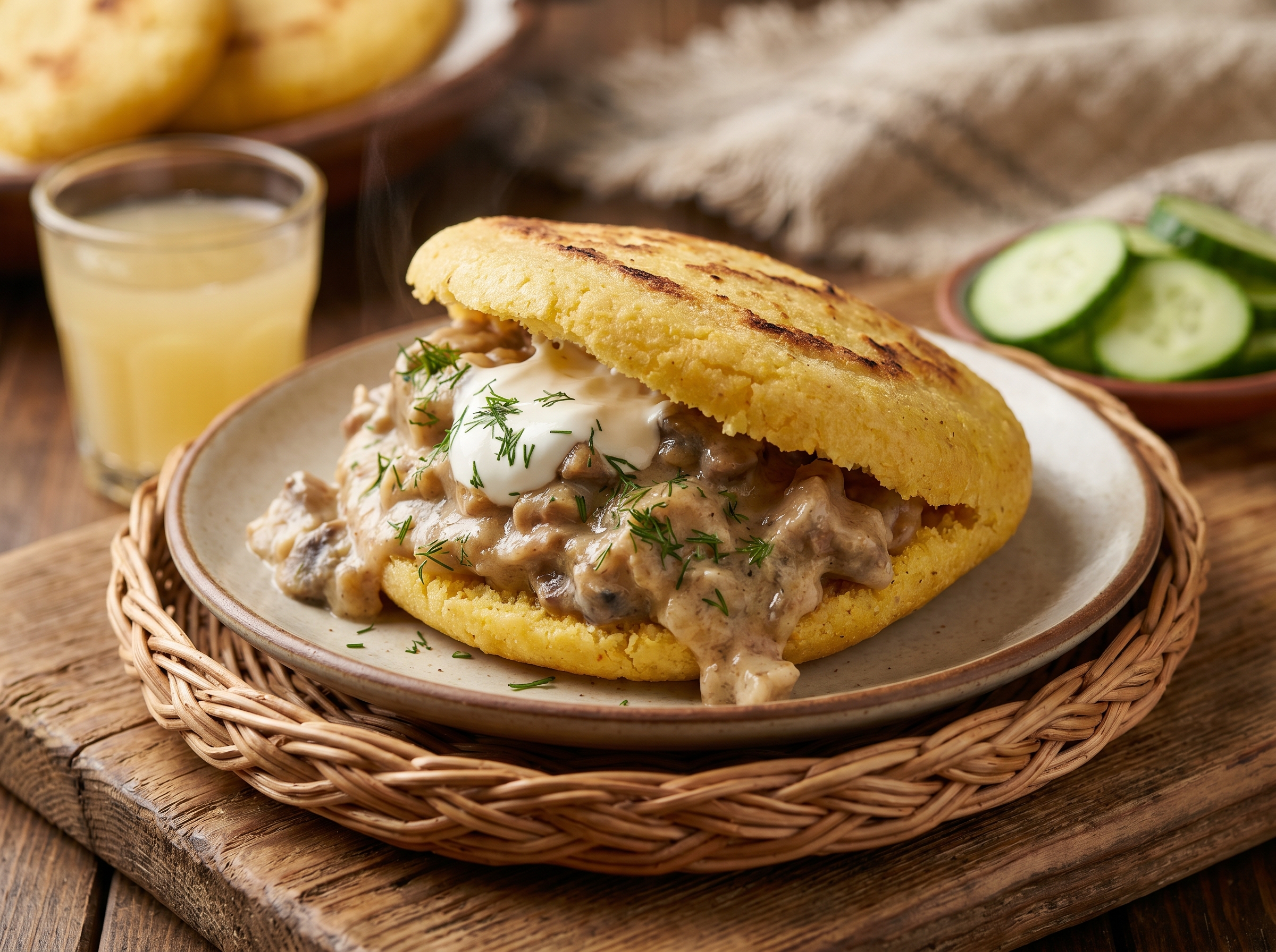 Arepa Rellena de Machanka (Estofado de Cerdo Bielorruso)