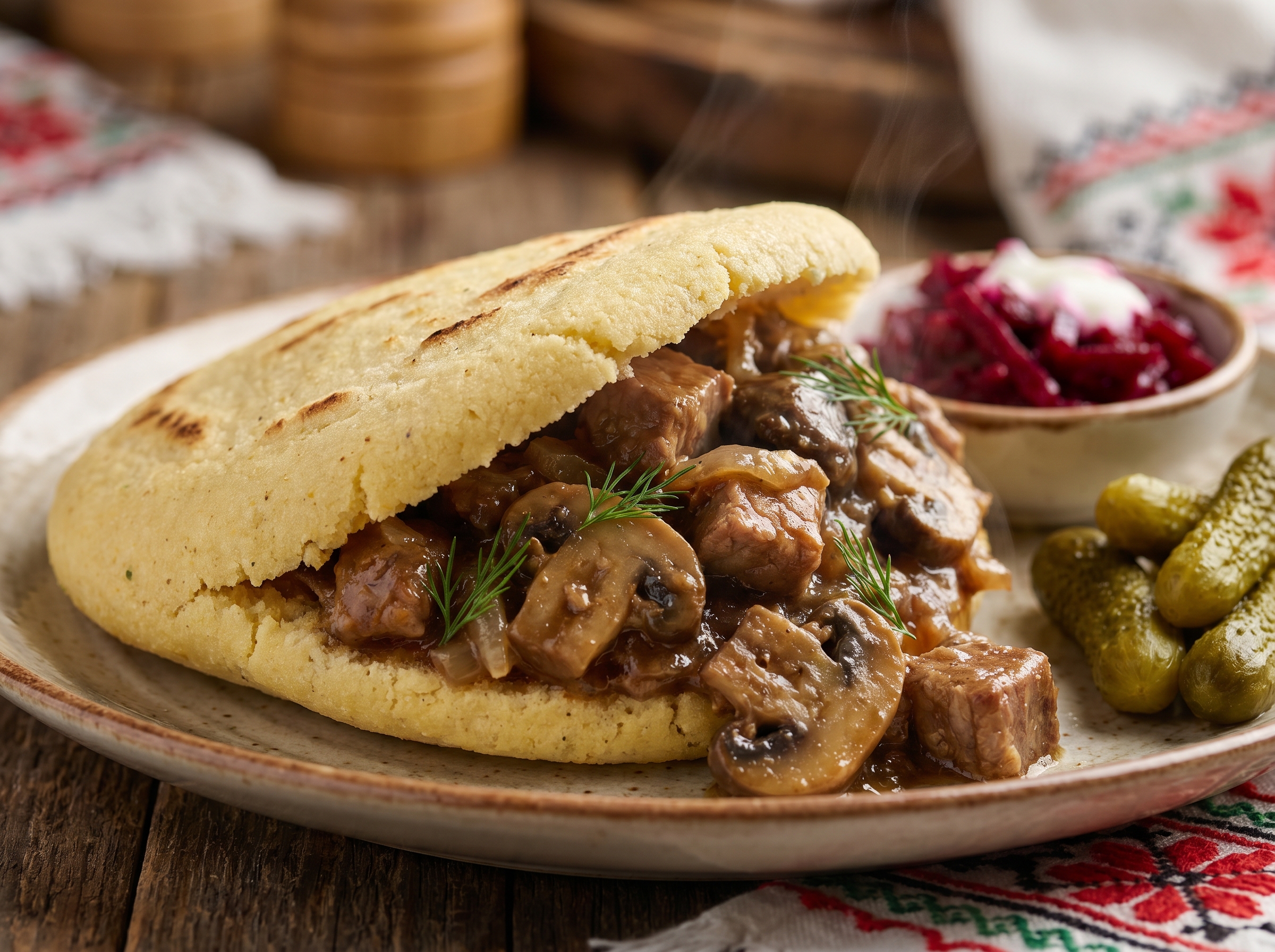 Arepa de Machanka Bielorrusa (Pork & Mushroom Stew Stuffed Arepa)