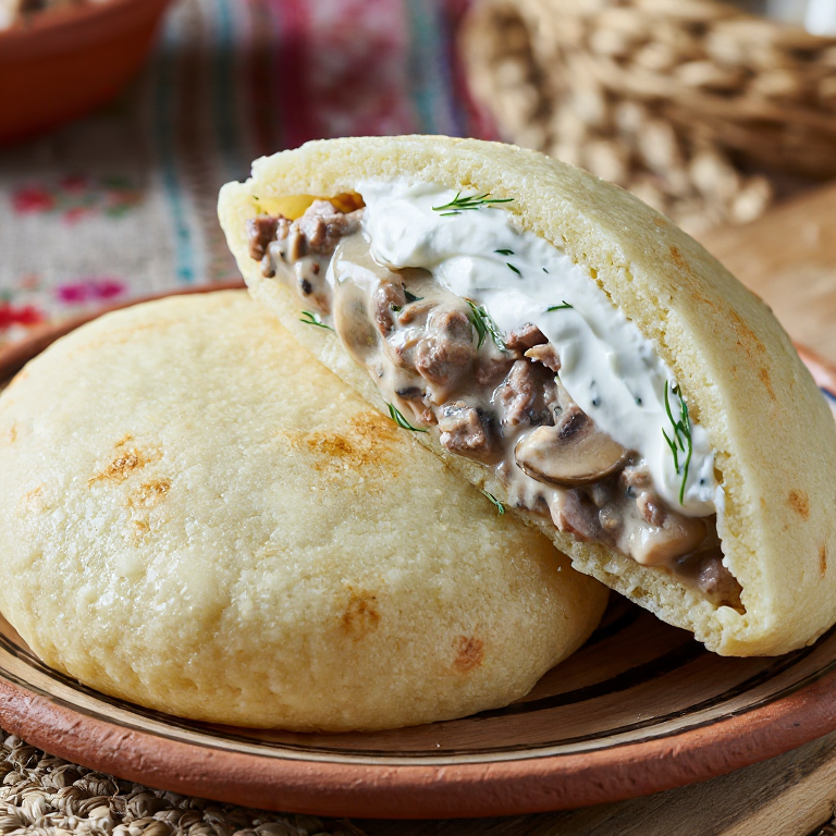 Arepa Rellena de Estofado de Cerdo y Champiñones (Machanka Style)