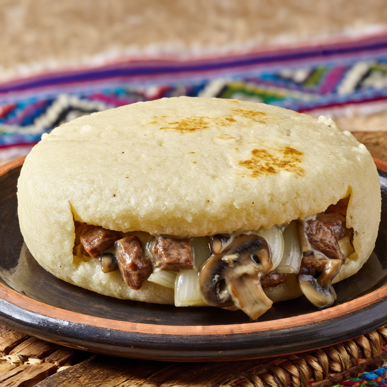 Arepa de Machanka (Estofado de Cerdo Cremoso con Champiñones y Cebolla)