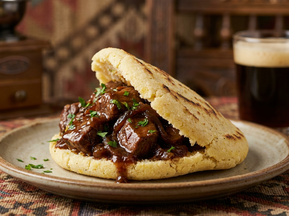 Arepa de Carbonnade Flamande (Beer-Braised Beef Arepa)