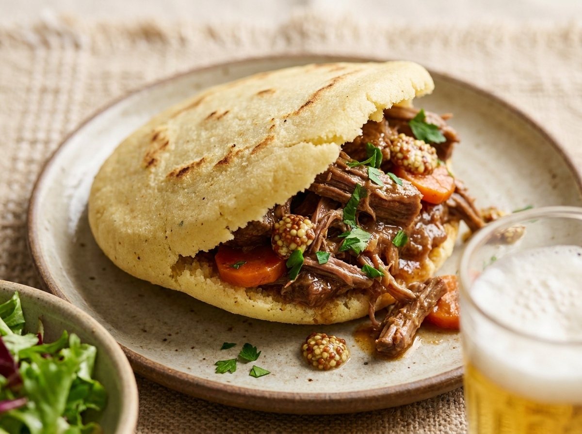 Arepa Belga Rellena de Estofado de Cerveza (Stoofvlees)