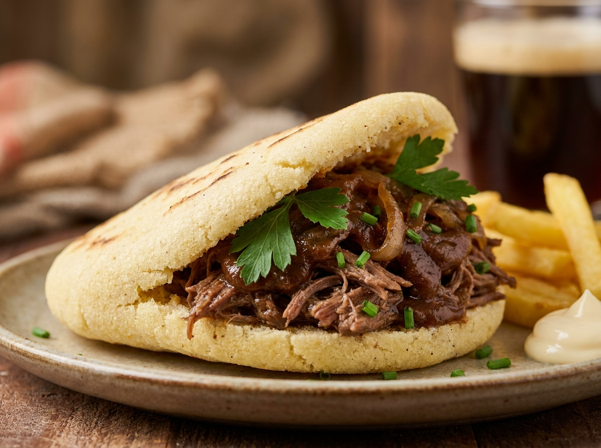 Arepa de Carbonade Flamande: Un Abrazo Belga en Masa de Maíz