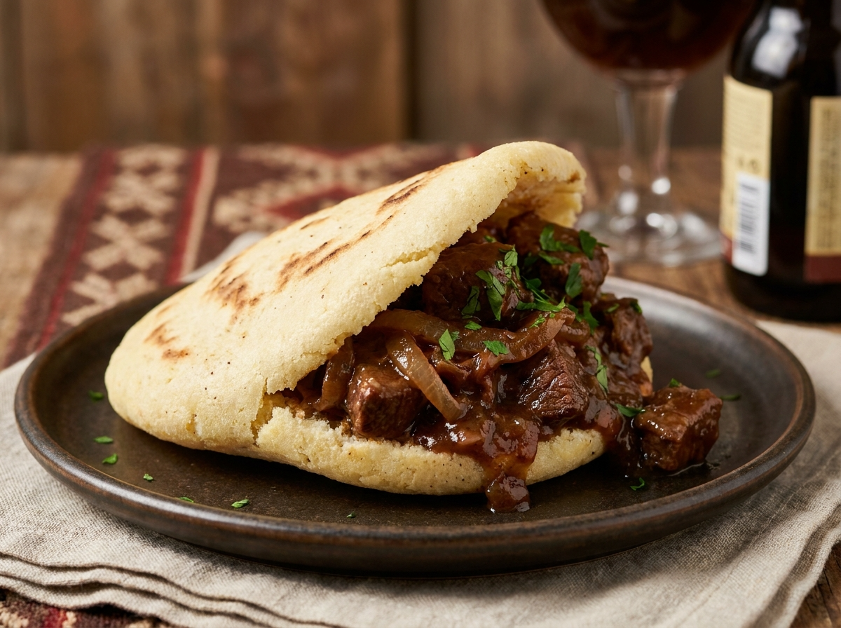 Arepa de Carbonade Flamande con Cerveza Belga