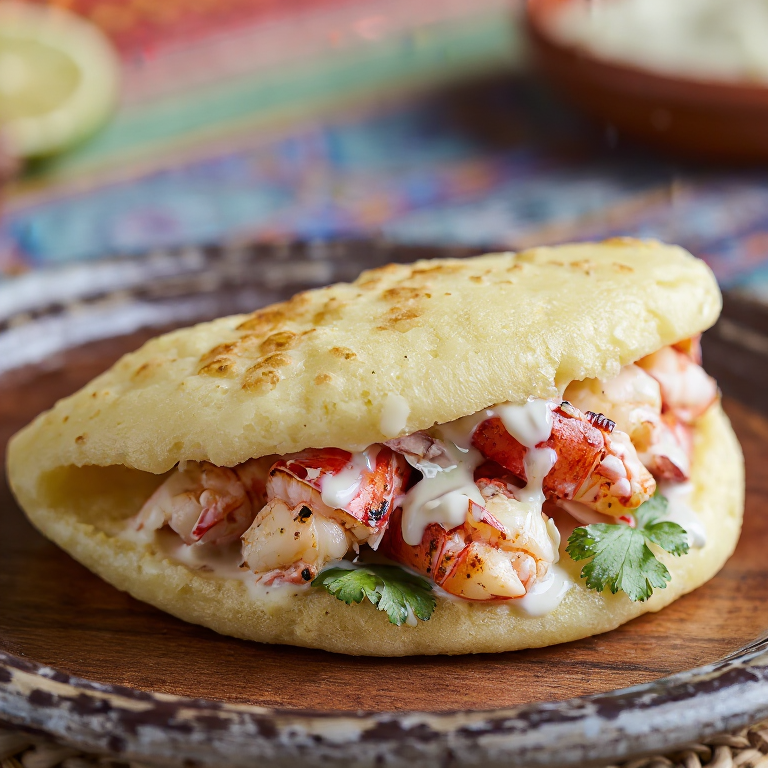 Arepa al Estilo Beliceño: Relleno de Langosta a la Parrilla con Salsa de Coco y Lima