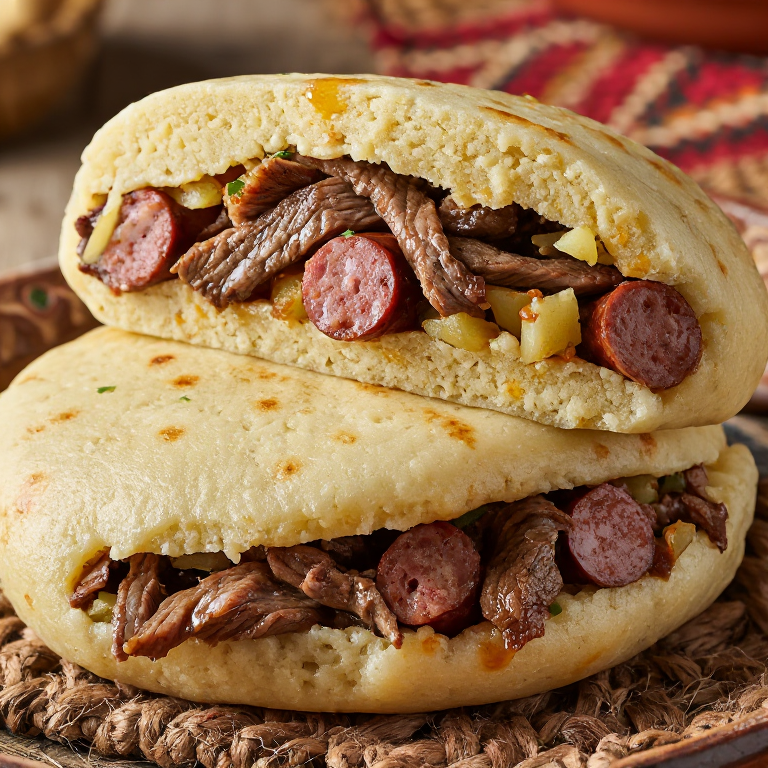 Arepa de Pique Macho (Bolivian Beef and Sausage Stuffed Arepa)