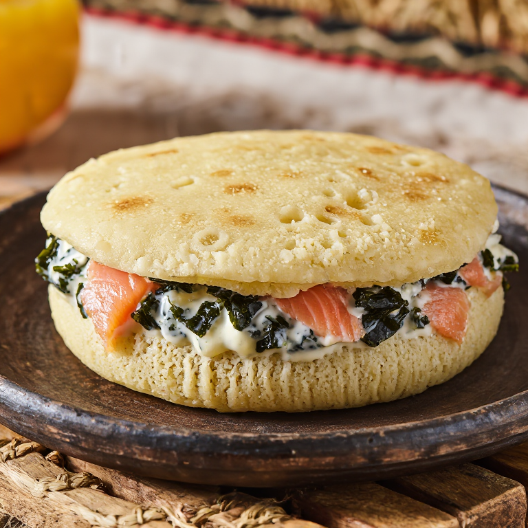 Arepa de Mar del Sur con Salmón Ahumado y Algas